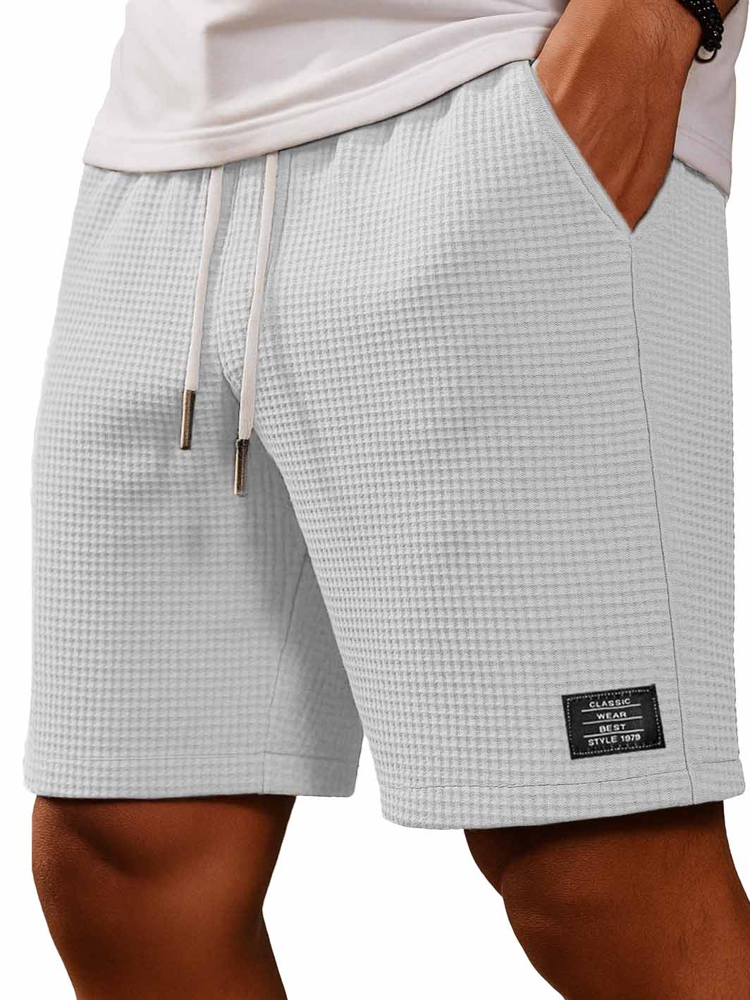 Men's Fashion Everyday Casual Waffle Fabric Embroidered Logo Pocket Shorts
