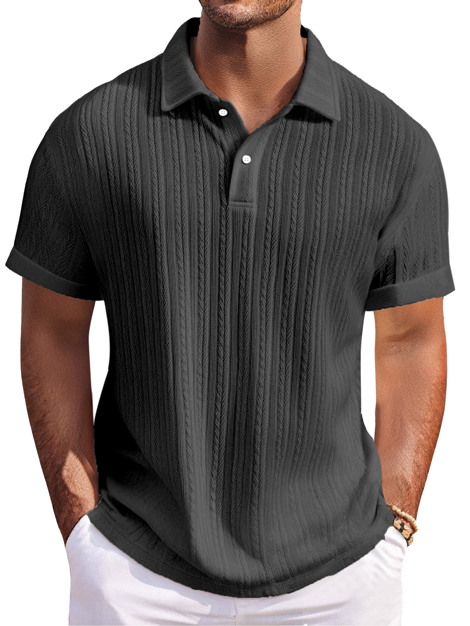 Men's Everyday Texture Solid Color Loose Button Lapel Short-sleeved Polo Shirt