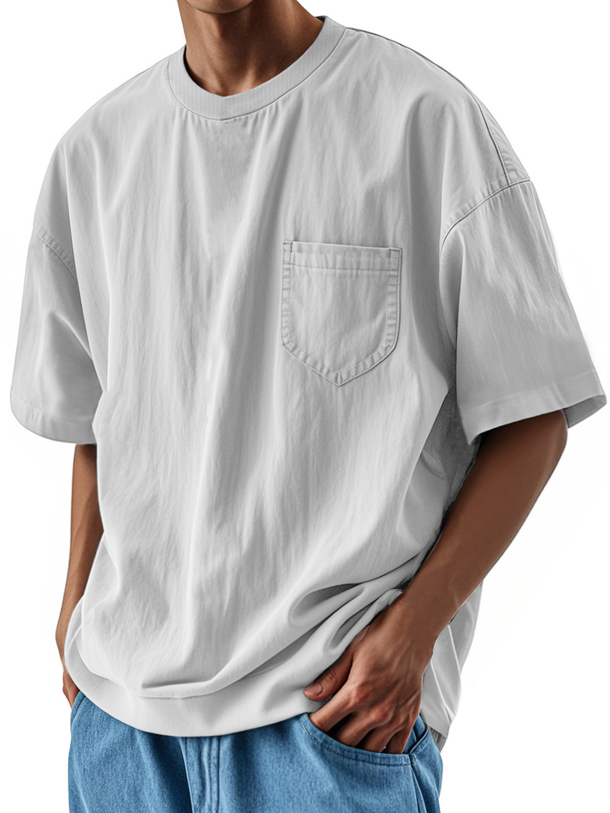 Men's Fashion Casual Retro Shirt Round Neck Pocket Short Sleeve T