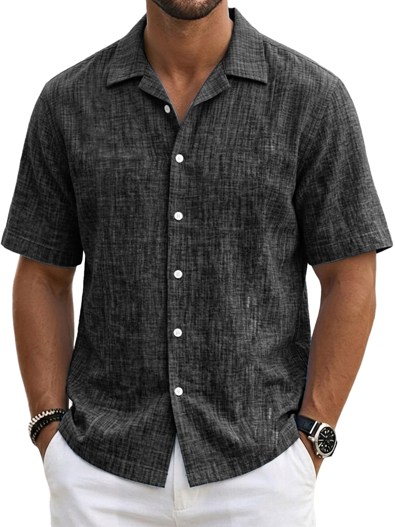 Men's Casual Linen Comfort Solid Color Short-Sleeve Shirt