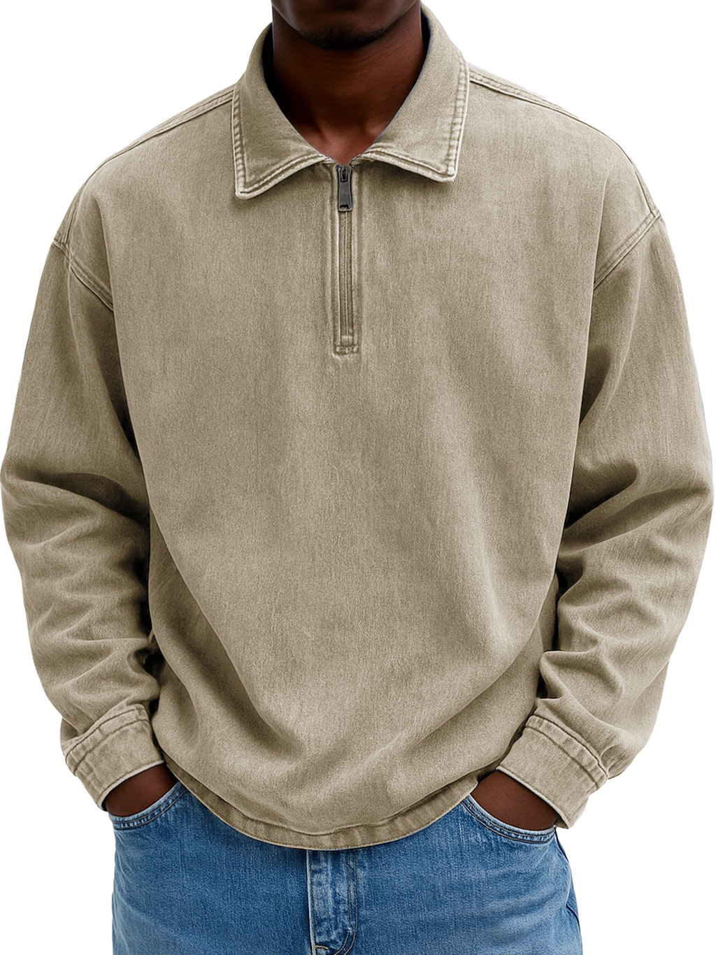 Men's Stylish Casual Retro Zippered Lapel Long-sleeved Loose-fitting Distressed Sweatshirt 