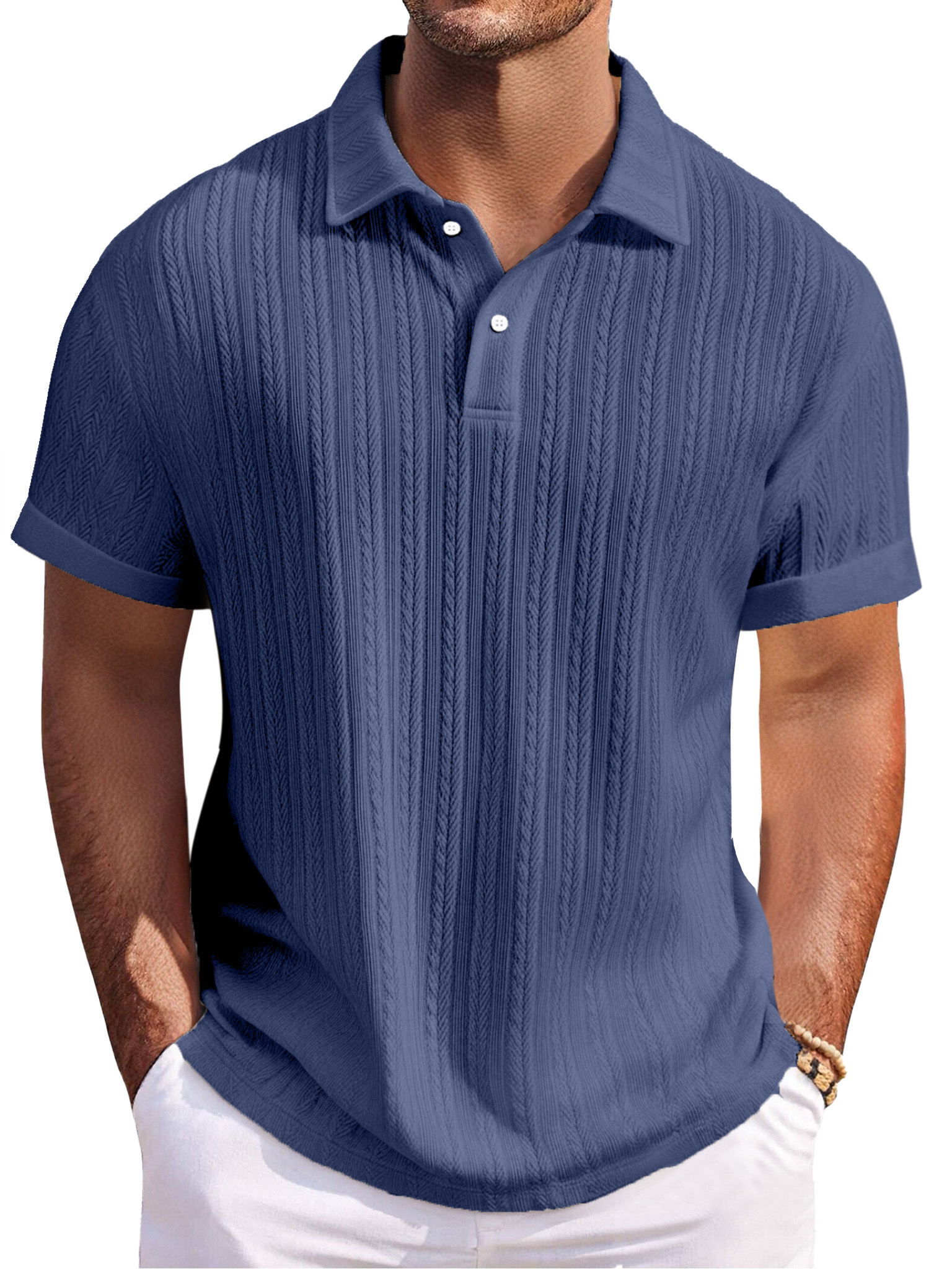 Men's Everyday Texture Solid Color Loose Button Lapel Short-sleeved Polo Shirt