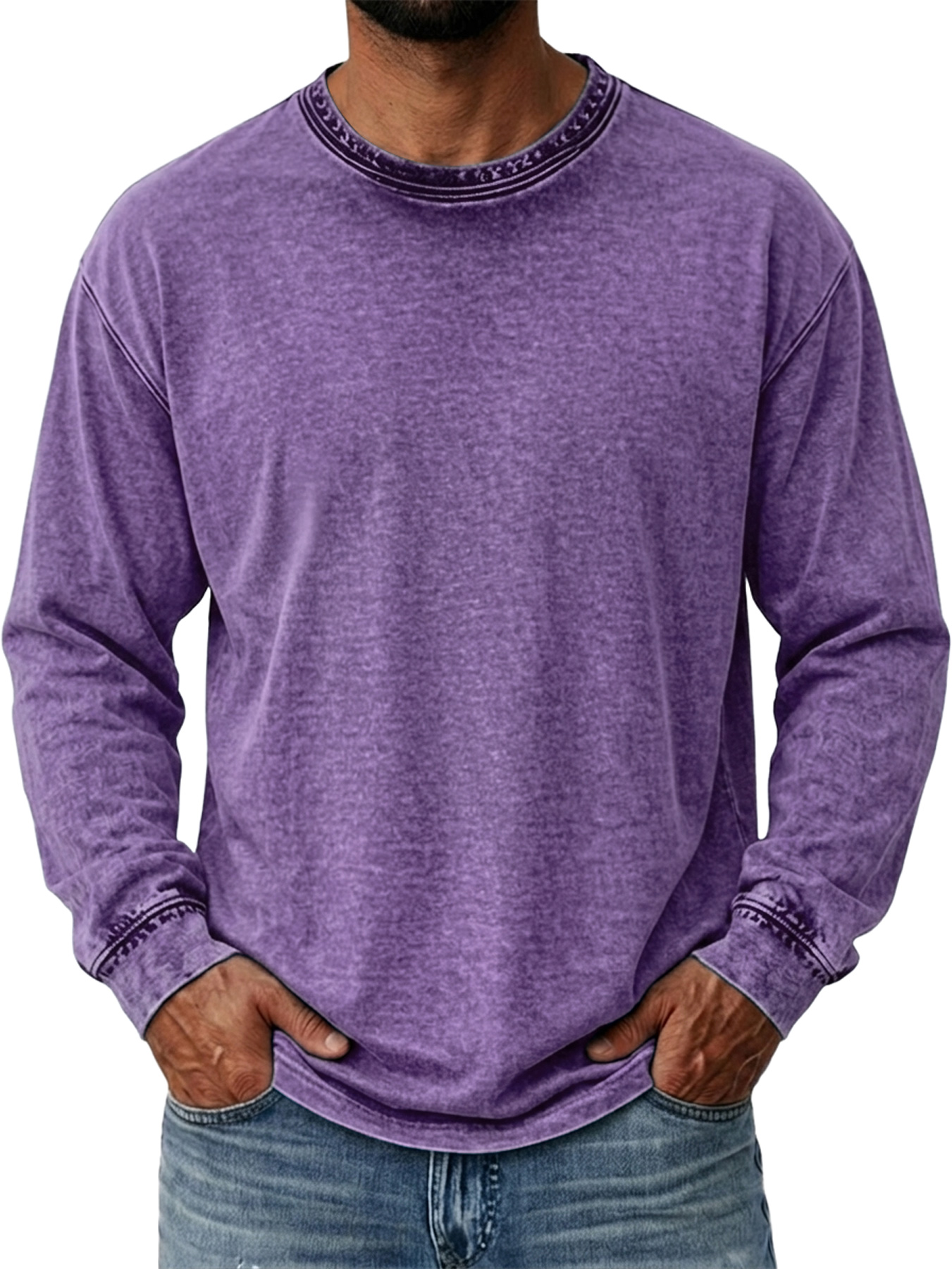 Men's Vintage-Style Distressed Crew-Neck Washed Casual Long-Sleeve T-Shirt