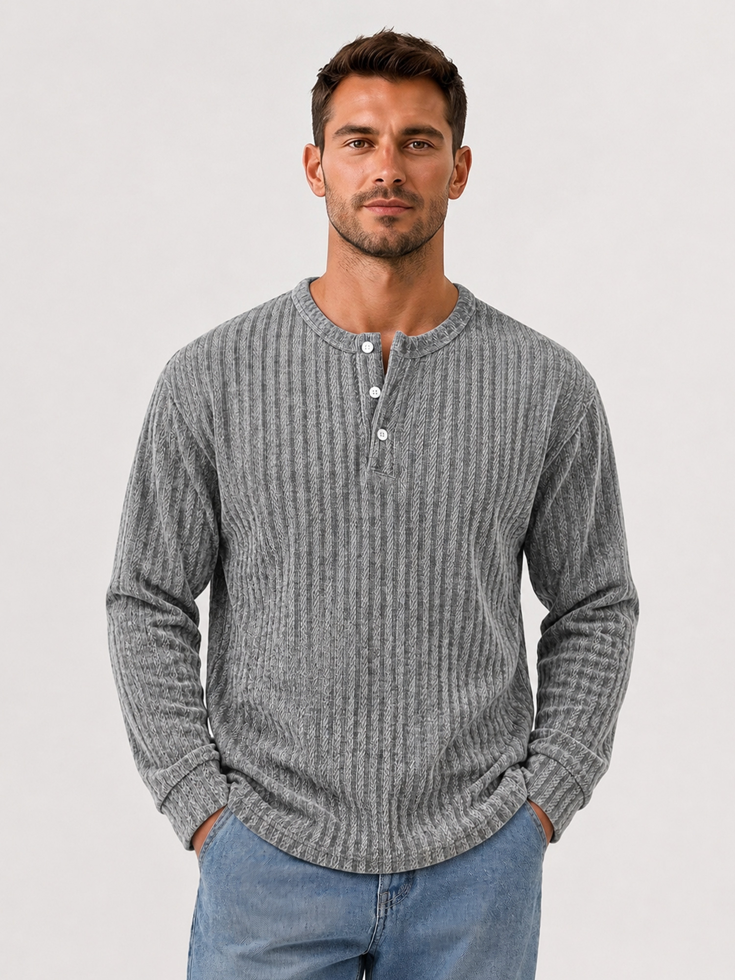 Men's Vintage Casual Solid-Color Long-Sleeve Henley Shirt