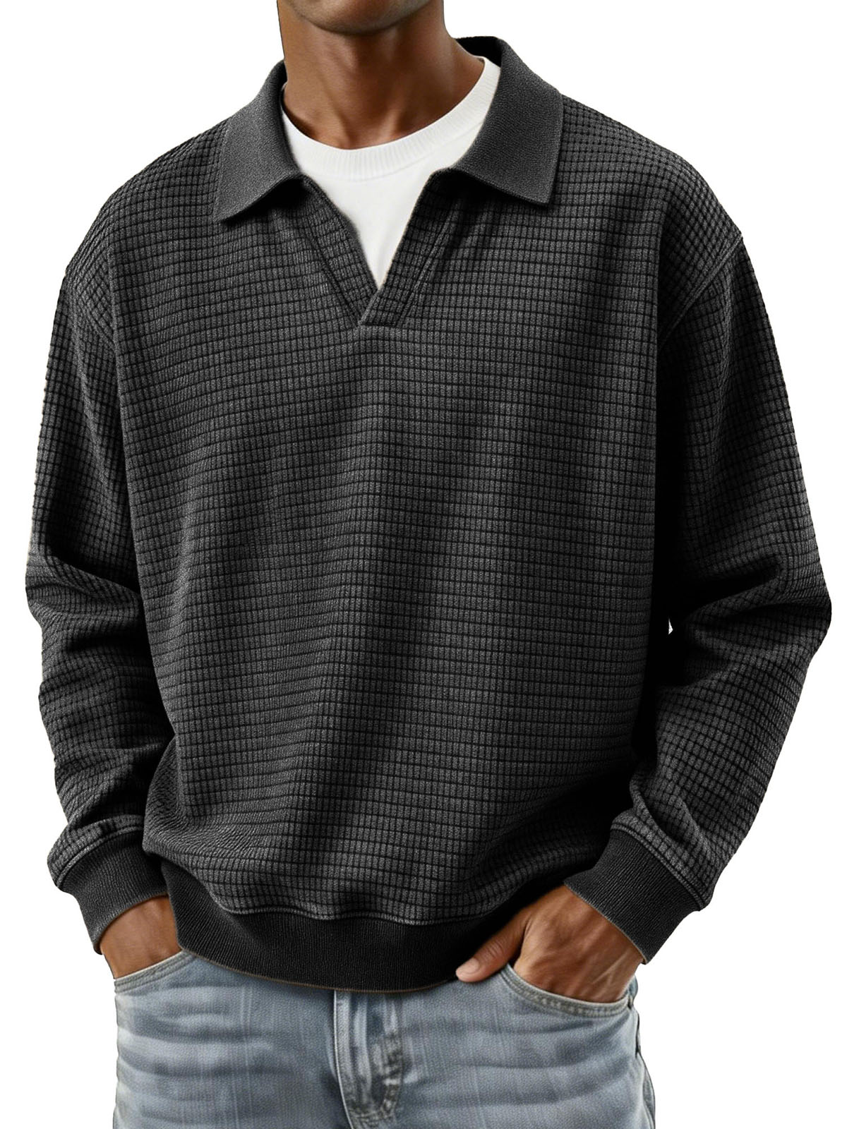 Stylish Casual Loose Corduroy Fabric V-shaped Lapel Long-sleeved Polo Shirt