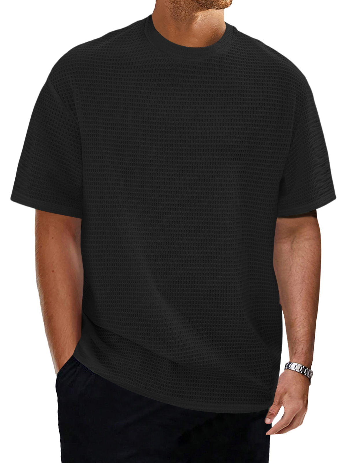 Men's casual round neck waffle texture solid color short-sleeved T-shirt