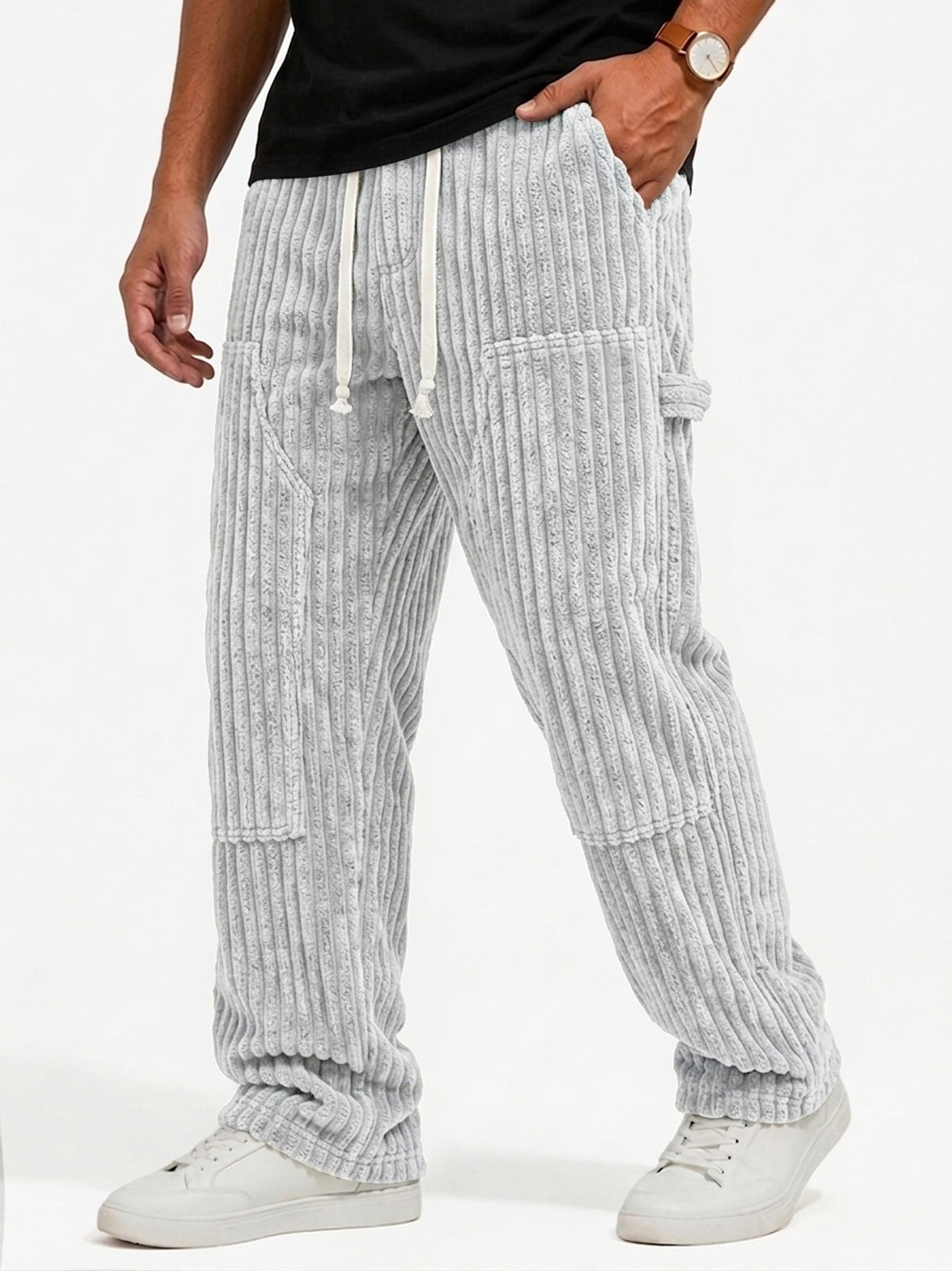 Men's Retro Corduroy Casual Cargo Pants with Multi-Pocket Patchwork Design