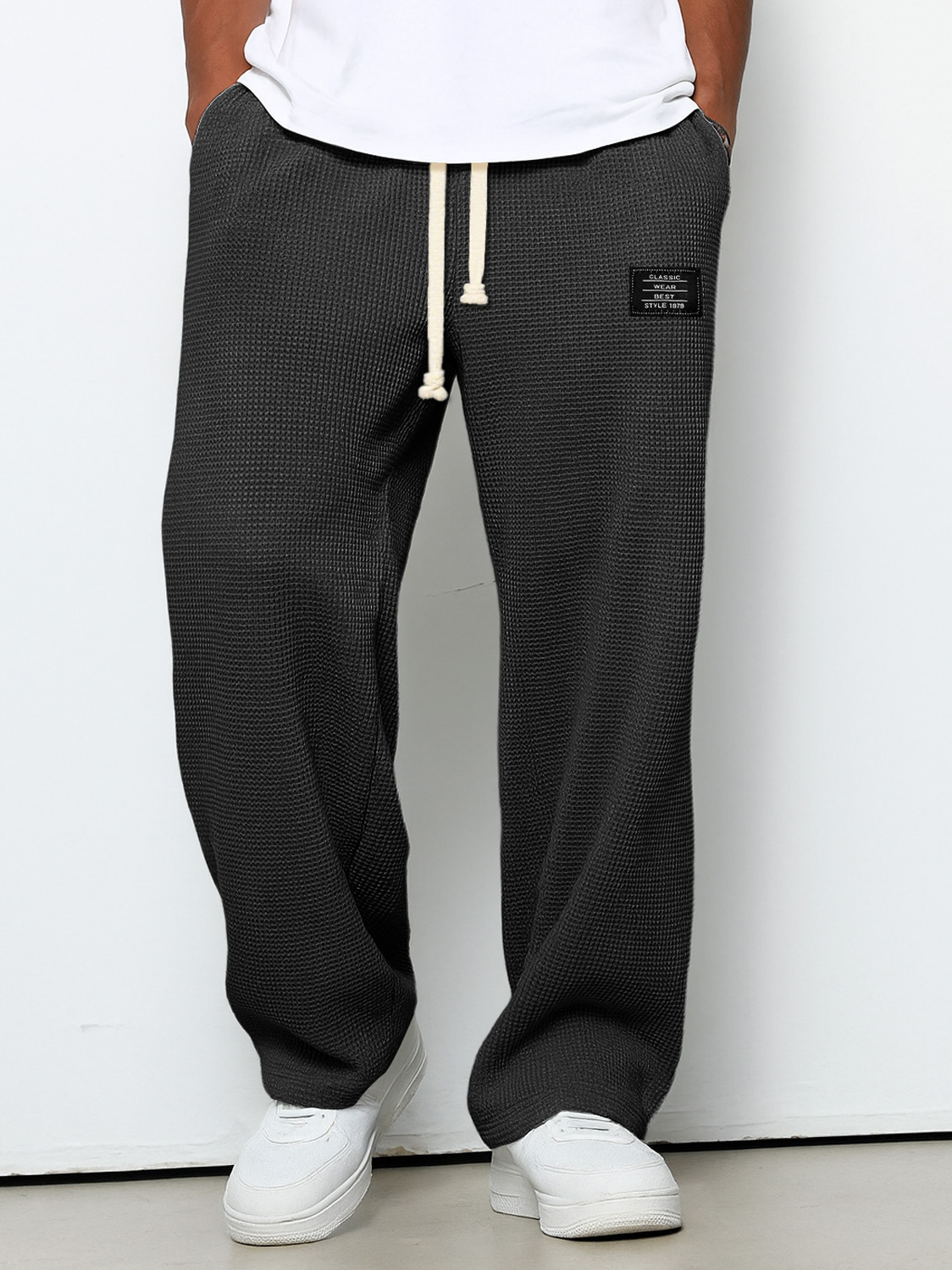 Men's Casual Waffle Embroidered Logo Simple Solid Color Trousers
