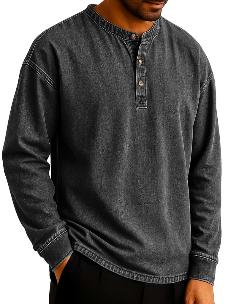 Men's Stylish Retro Distressed Long-sleeved Multicolor Henley Shirt