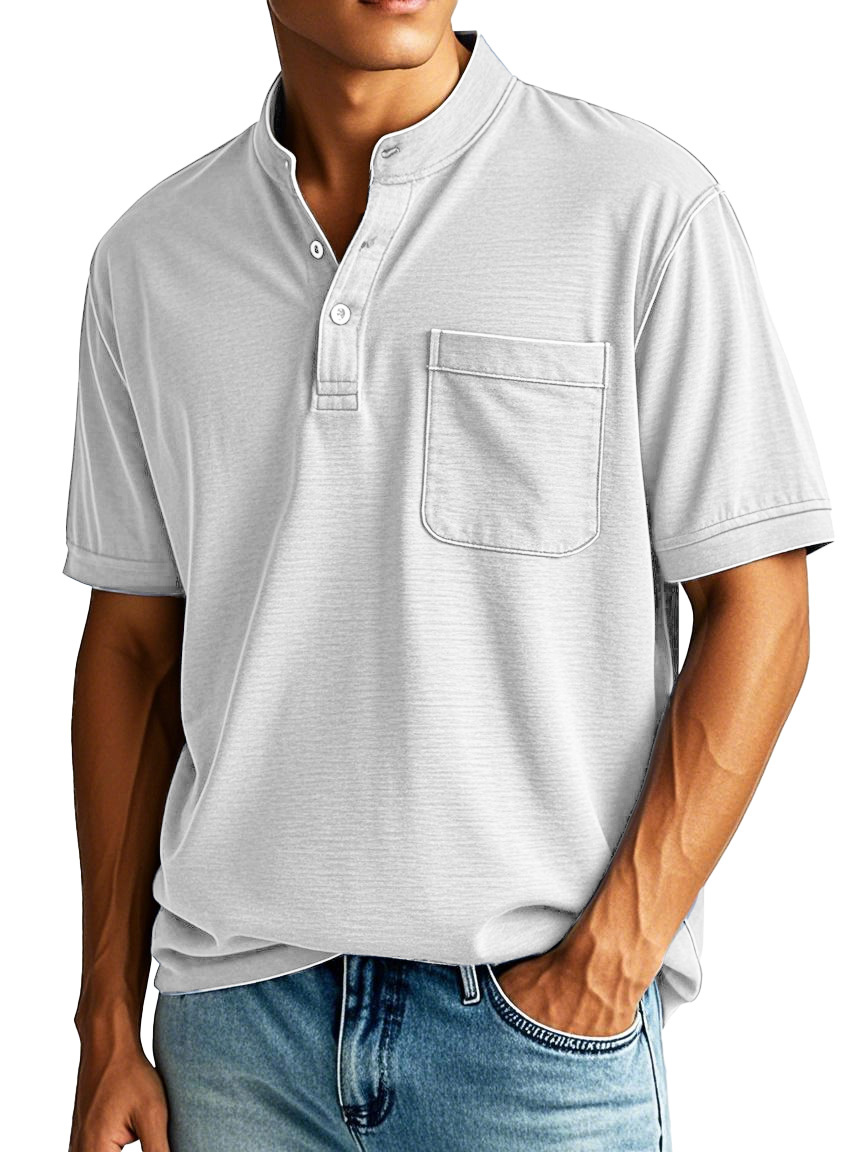 Men's Fashion Casual Stand-up Collar Pocket Short-sleeved Henley Shirt 