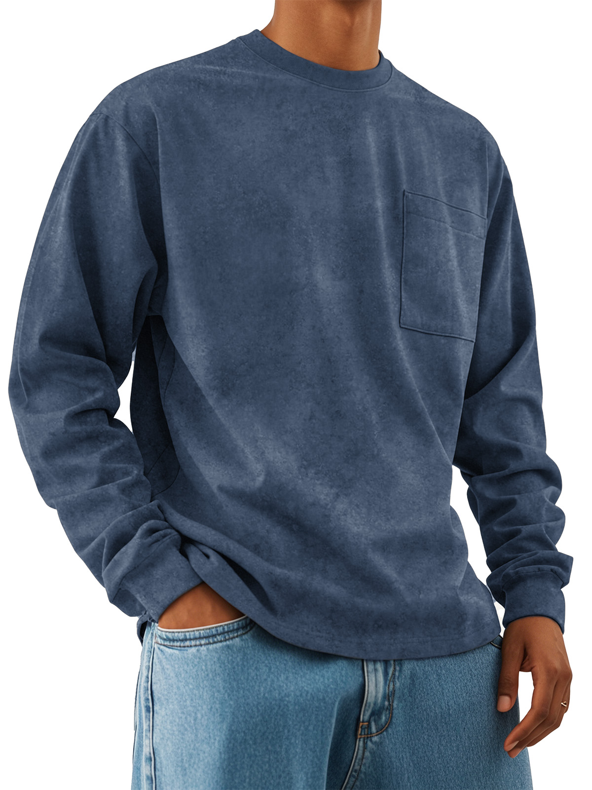 Men's Fashion Retro Casual Round Neck Pocket Long Sleeve T-shirt