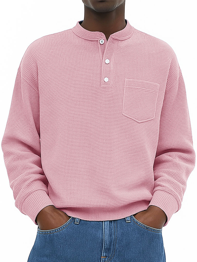 Men's Wear Fashionable Casual Waffle Fabric Pockets Long-sleeved Henry Shirt