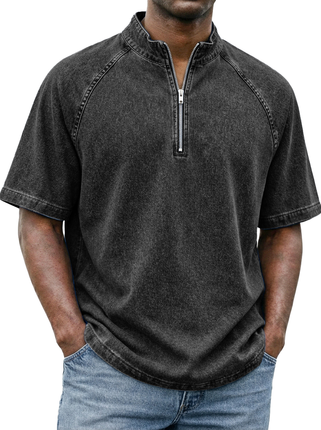 Men's Retro Raglan Sleeve Stand-collar Zip-up Casual Short-sleeved T-shirt