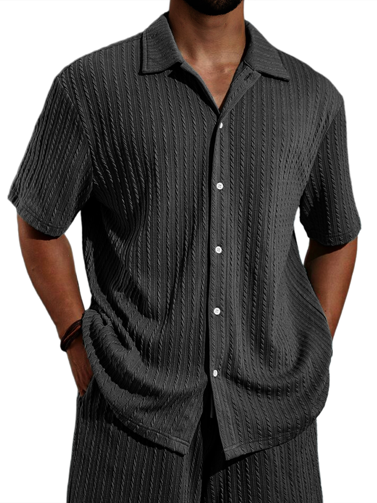 Men's Casual Lapel Jacquard Solid Color Short-sleeved Shirt