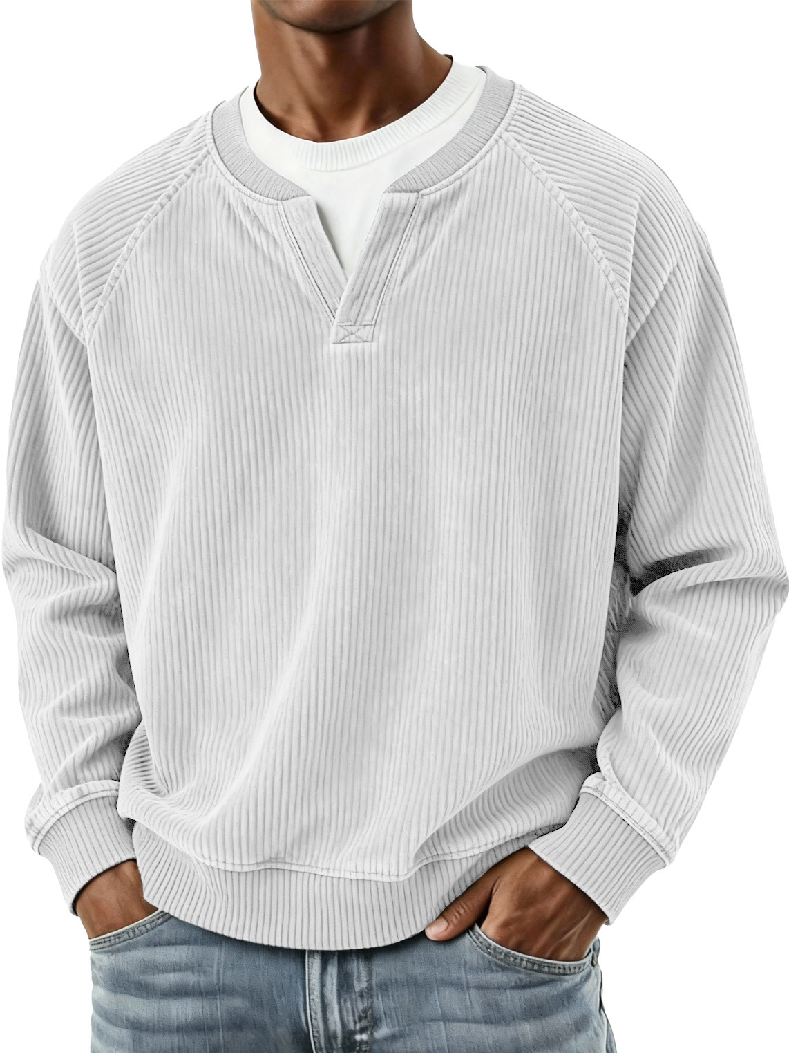 Men's Fashionable Casual Vertical Striped Corduroy Fabric Faux Two-piece Long-sleeved Top 