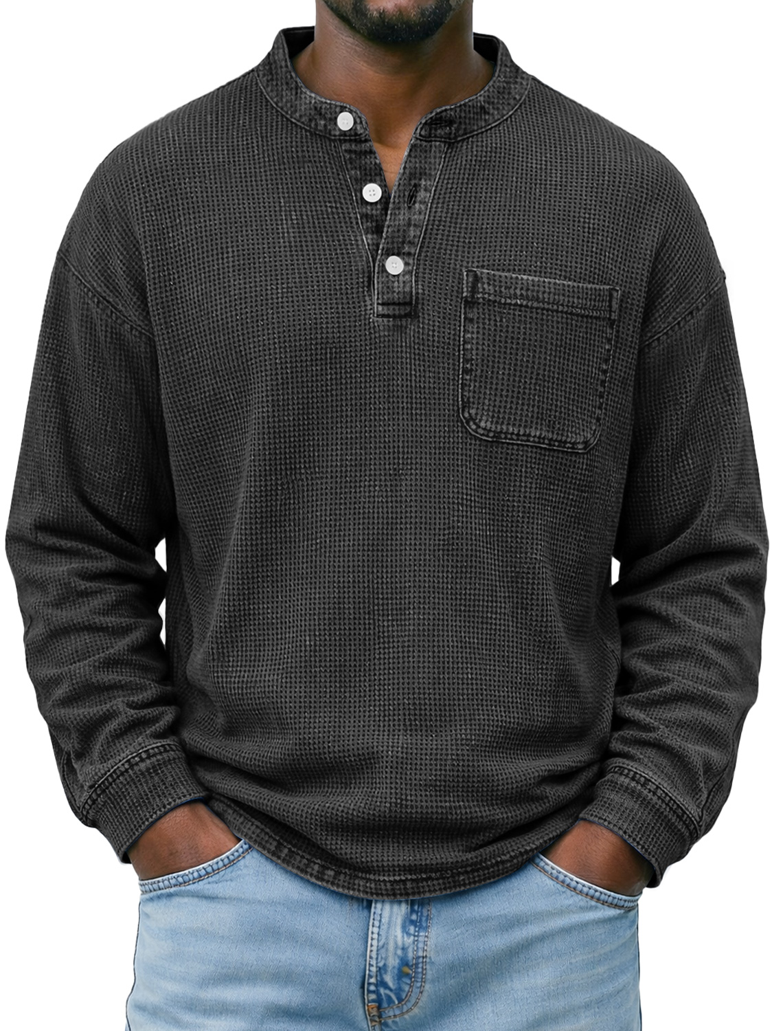 Men's Simple Waffle-knit Casual Long-sleeved Henley Shirt With Pocket