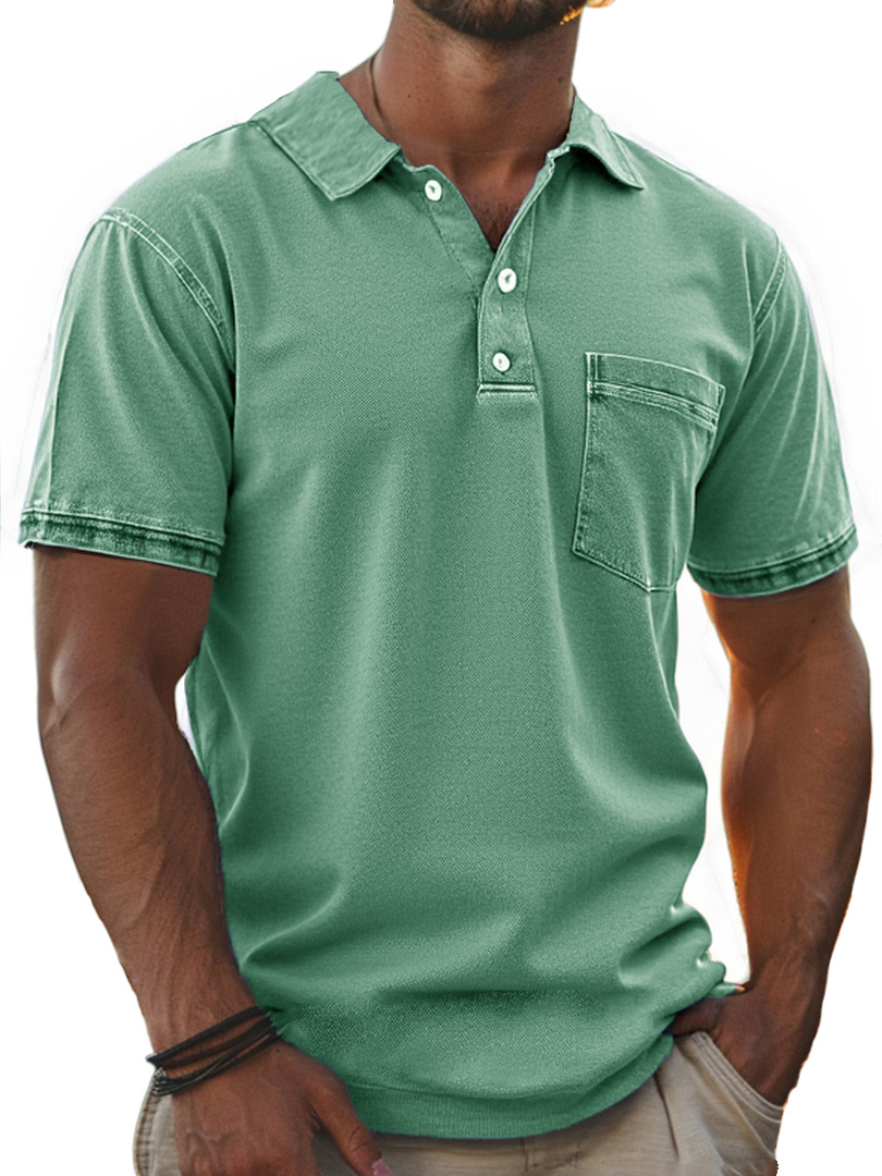 Men's Stylish Retro Pure Cotton Distressed Fabric Pocket Lapel Polo Shirt 