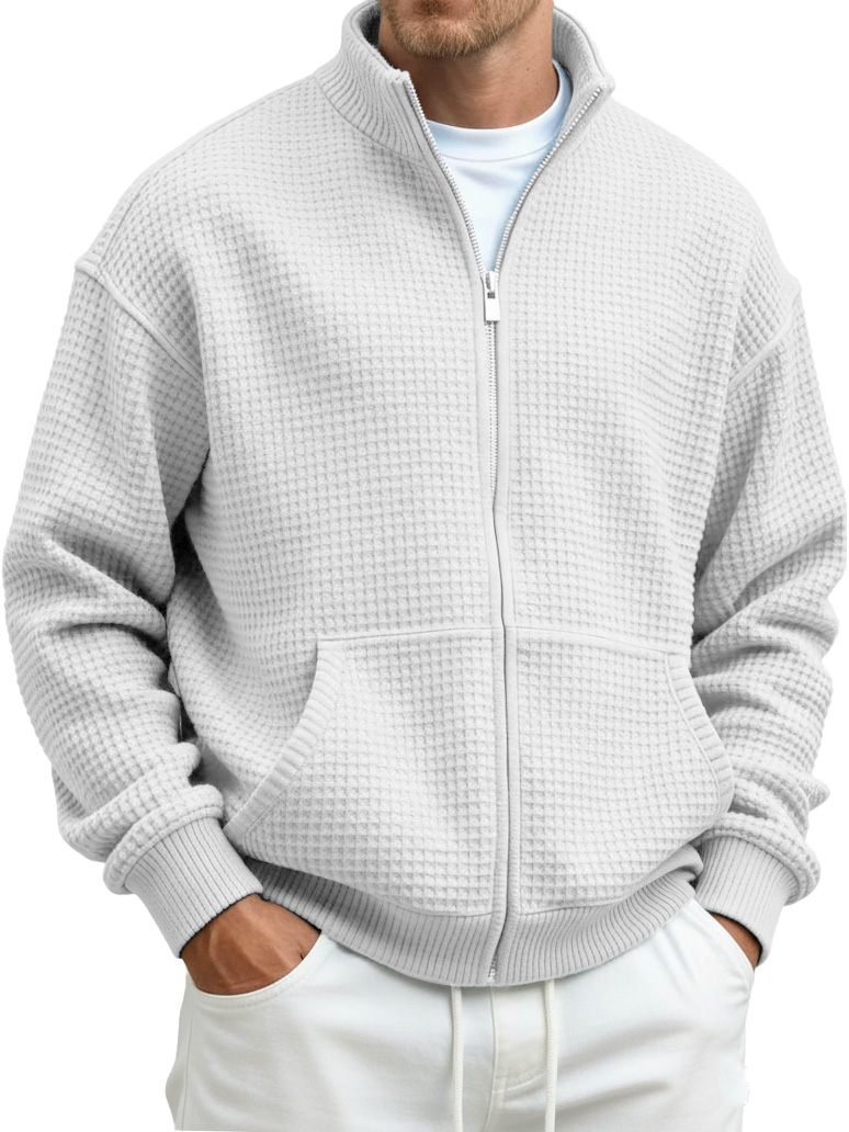 Men's Fashion Casual Waffle Fabric Stand Collar Long-Sleeve Pocket Sweatshirt