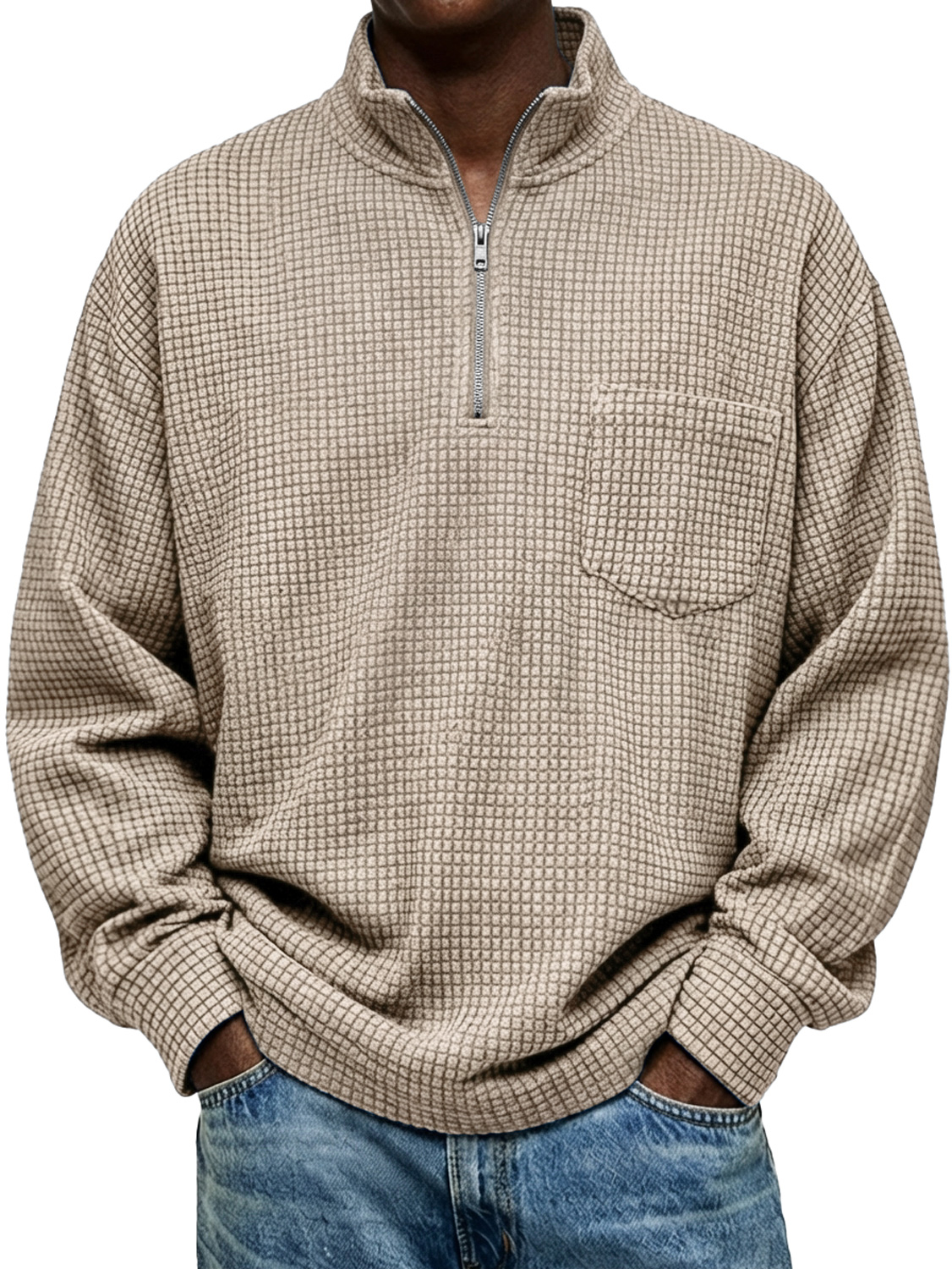 Men's Vintage Small Plaid Stand-collar Zip-up Casual Long-sleeved T-shirt With Pockets