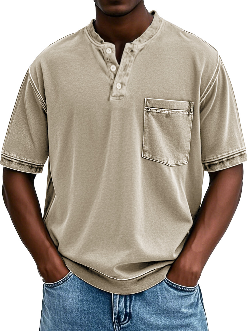 Men's Fashion Retro Round Neck Pocket Short Sleeve Henley Shirt
