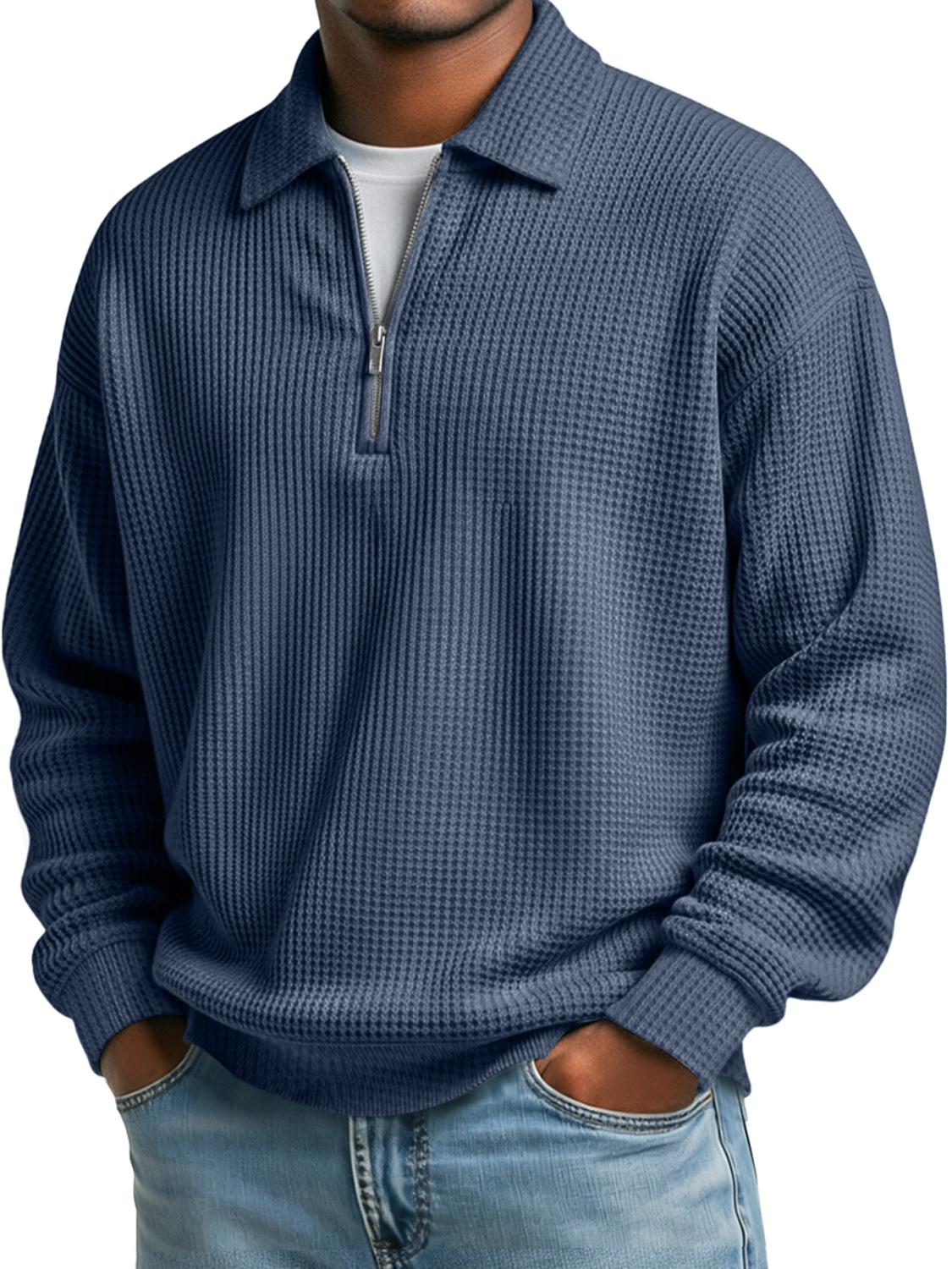 Simple Waffle Lapel Zipper Casual Solid Color Polo Shirt