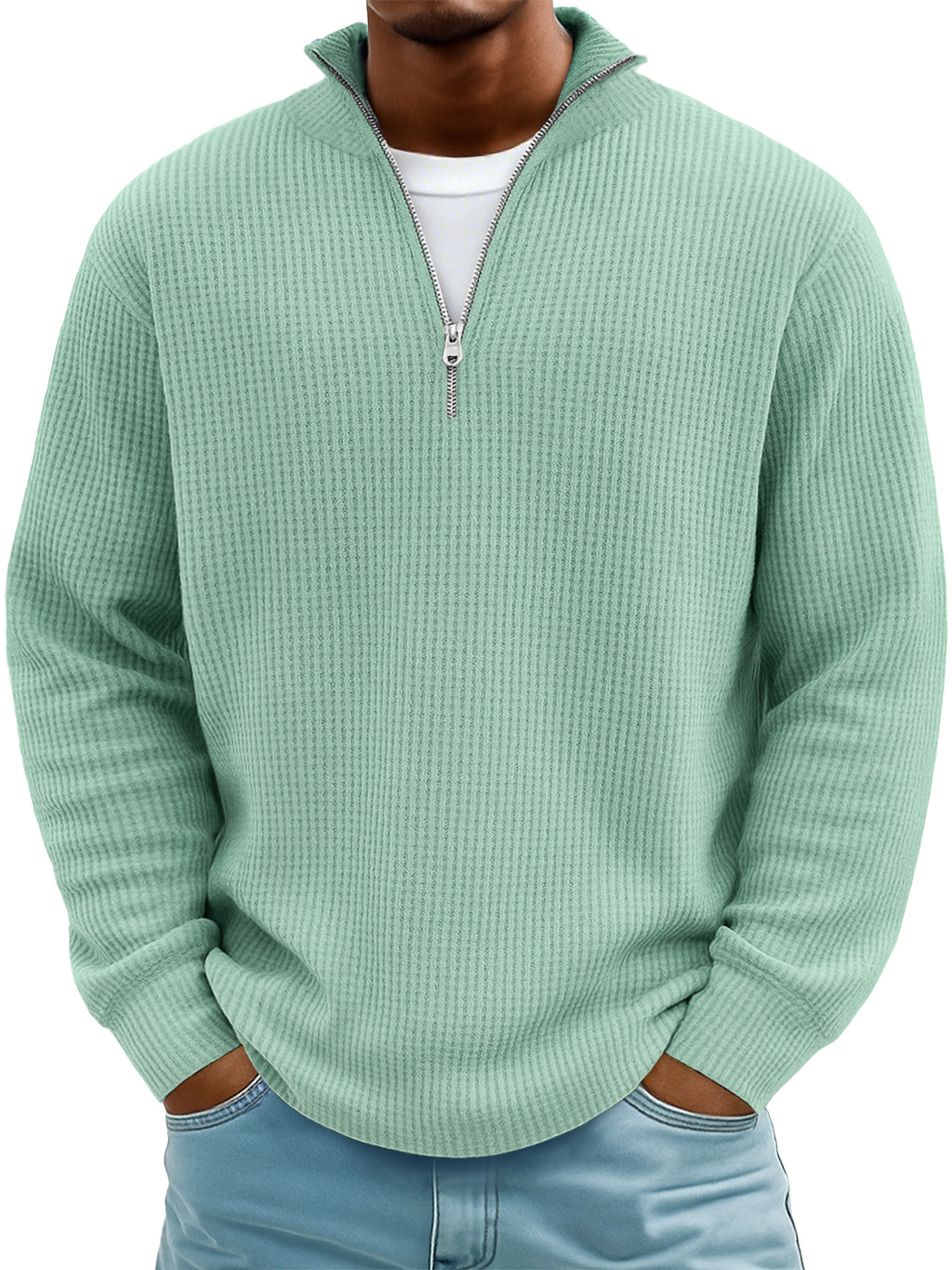 Men's Casual Simple Stand Collar Zipper Long Sleeve T-shirt