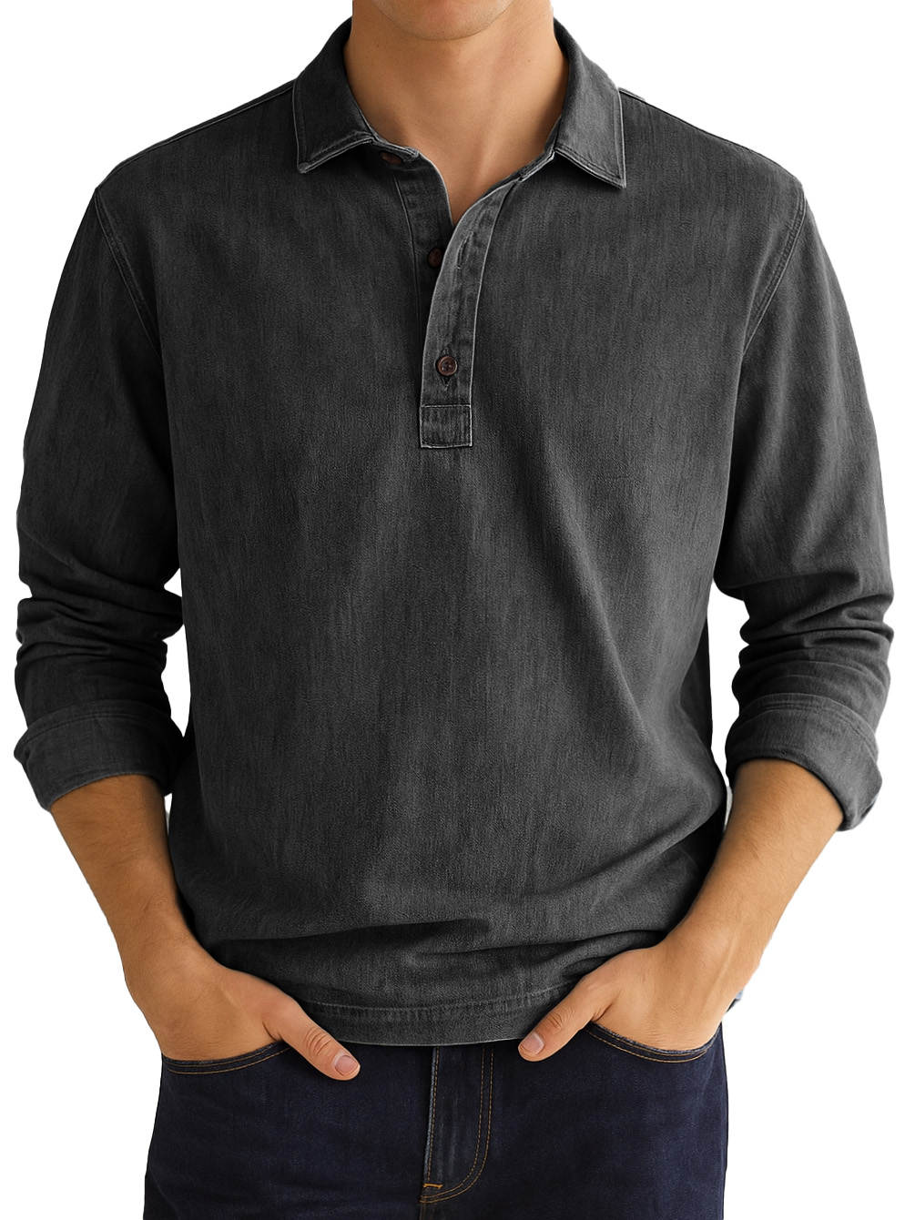  Men's Stylish Vintage Distressed Lapel Long-sleeved Polo Shirt