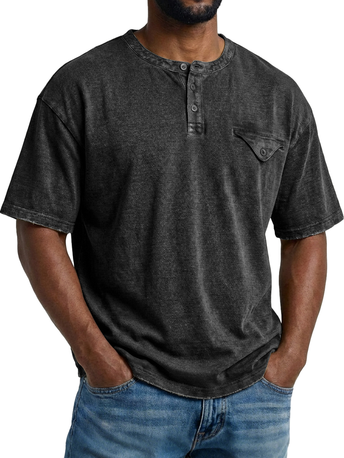 Men's Retro Pocket Design Casual Short-Sleeve Henley Shirt