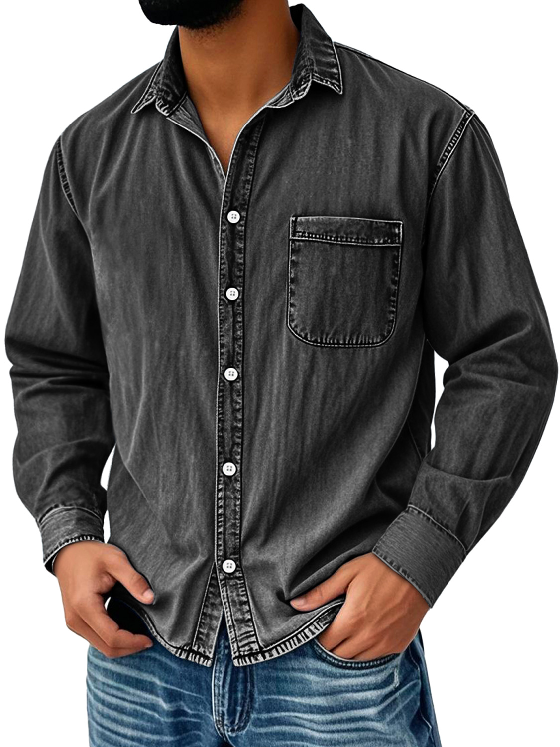 Men's Vintage Distressed Lapel Pocket Casual Long-sleeved Shirt