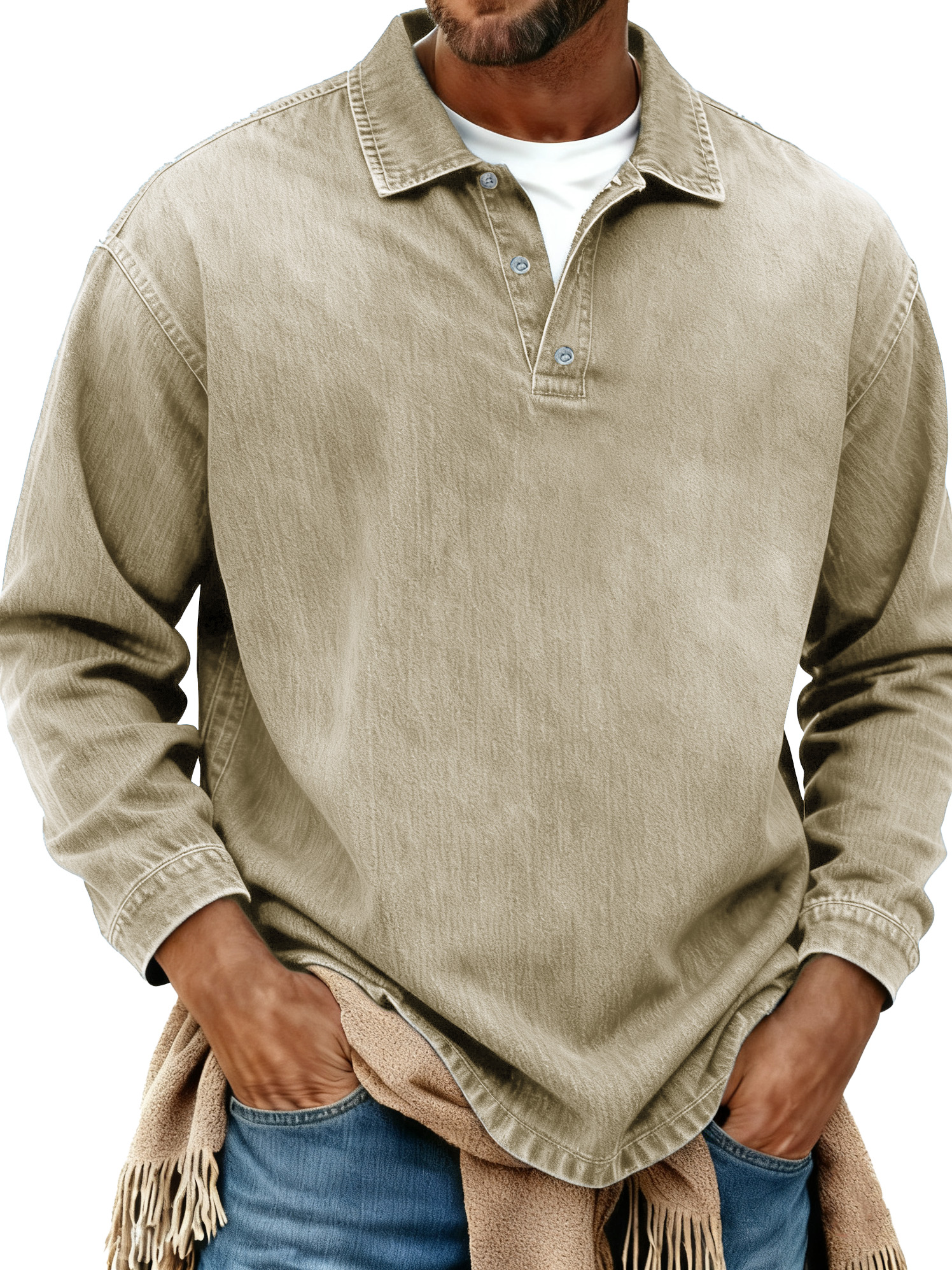 Men's Retro Fashion Distressed Collar Long-Sleeve Polo Shirt
