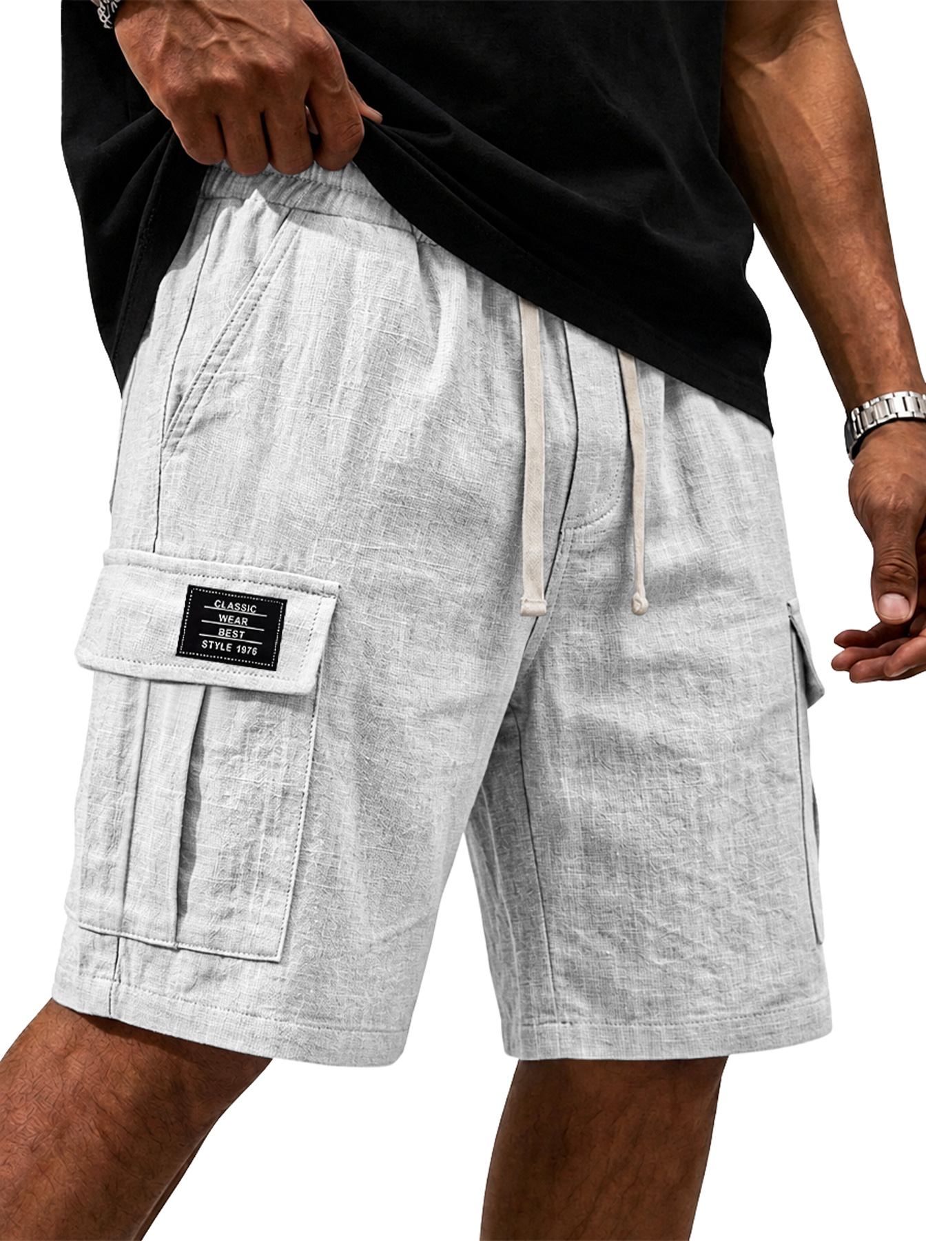 Men's Cotton Linen Embroidered Logo Casual Comfortable Shorts