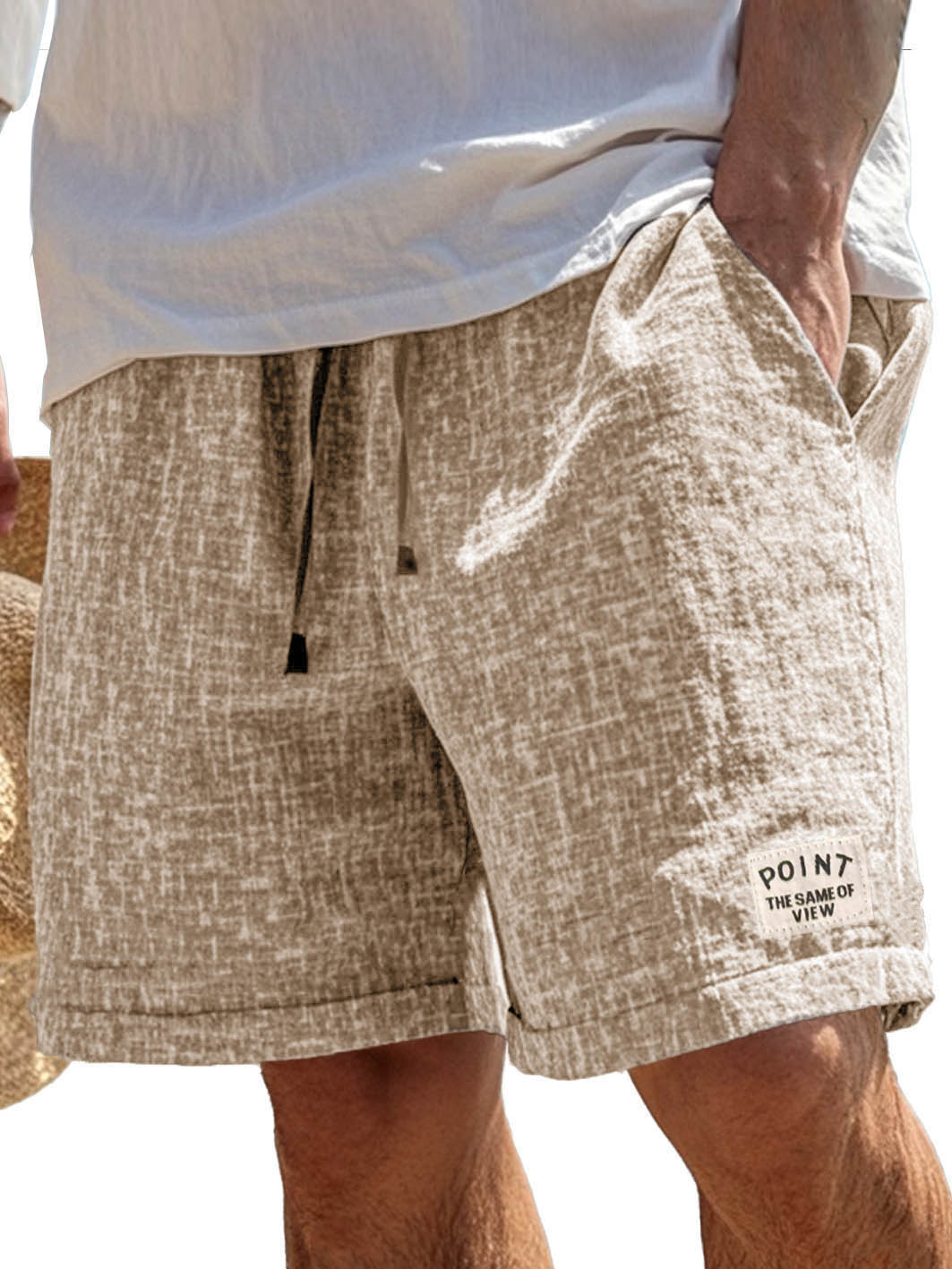 Men's Fashion Casual Hemp Fabric Pocket Embroidered Logo Shorts 