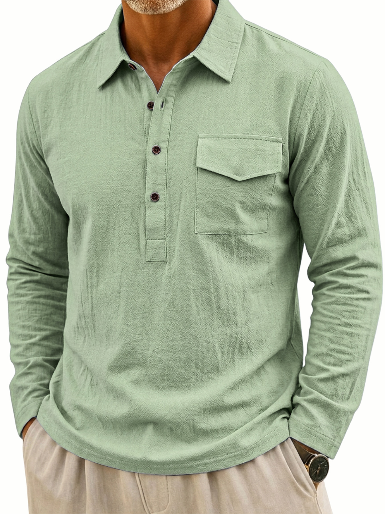 Men's Casual Long-Sleeve Linen Polo Shirt with Flap Pockets