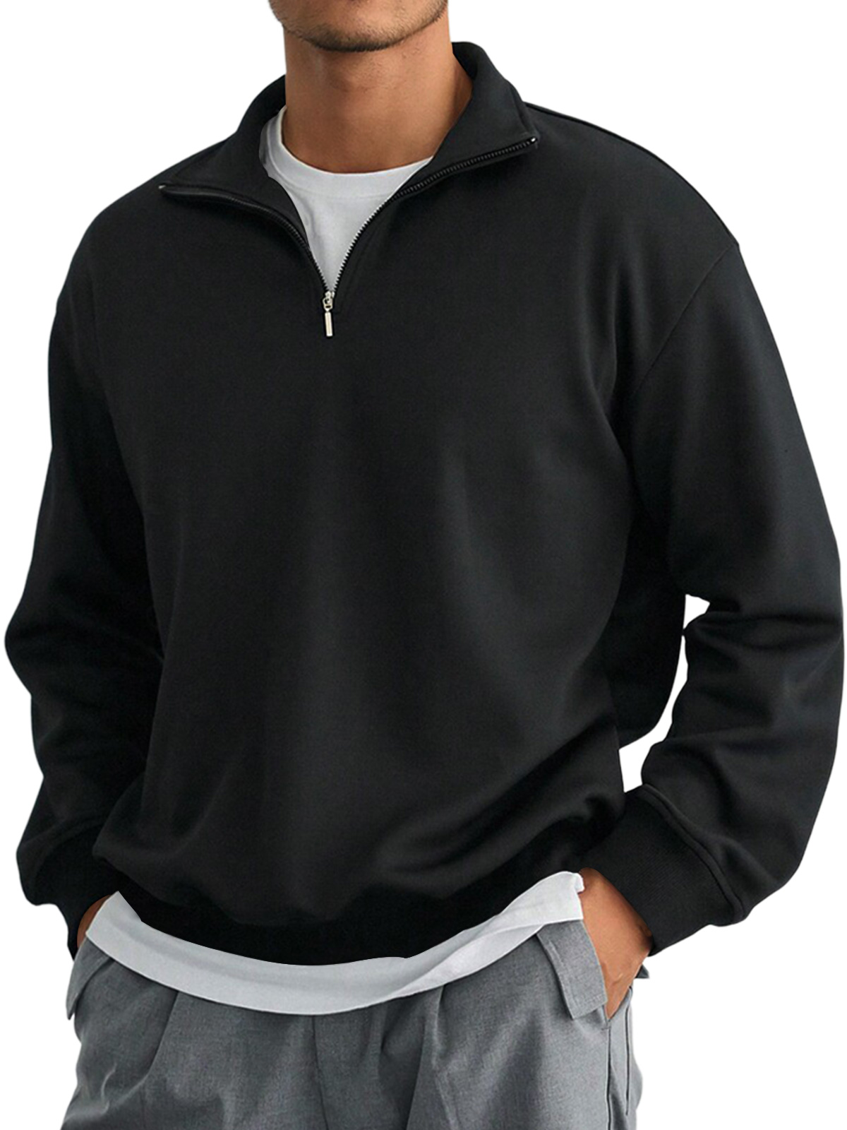Men's Autumn Stand Collar Zipper Solid Color Comfortable Long-sleeved Sweatshirt