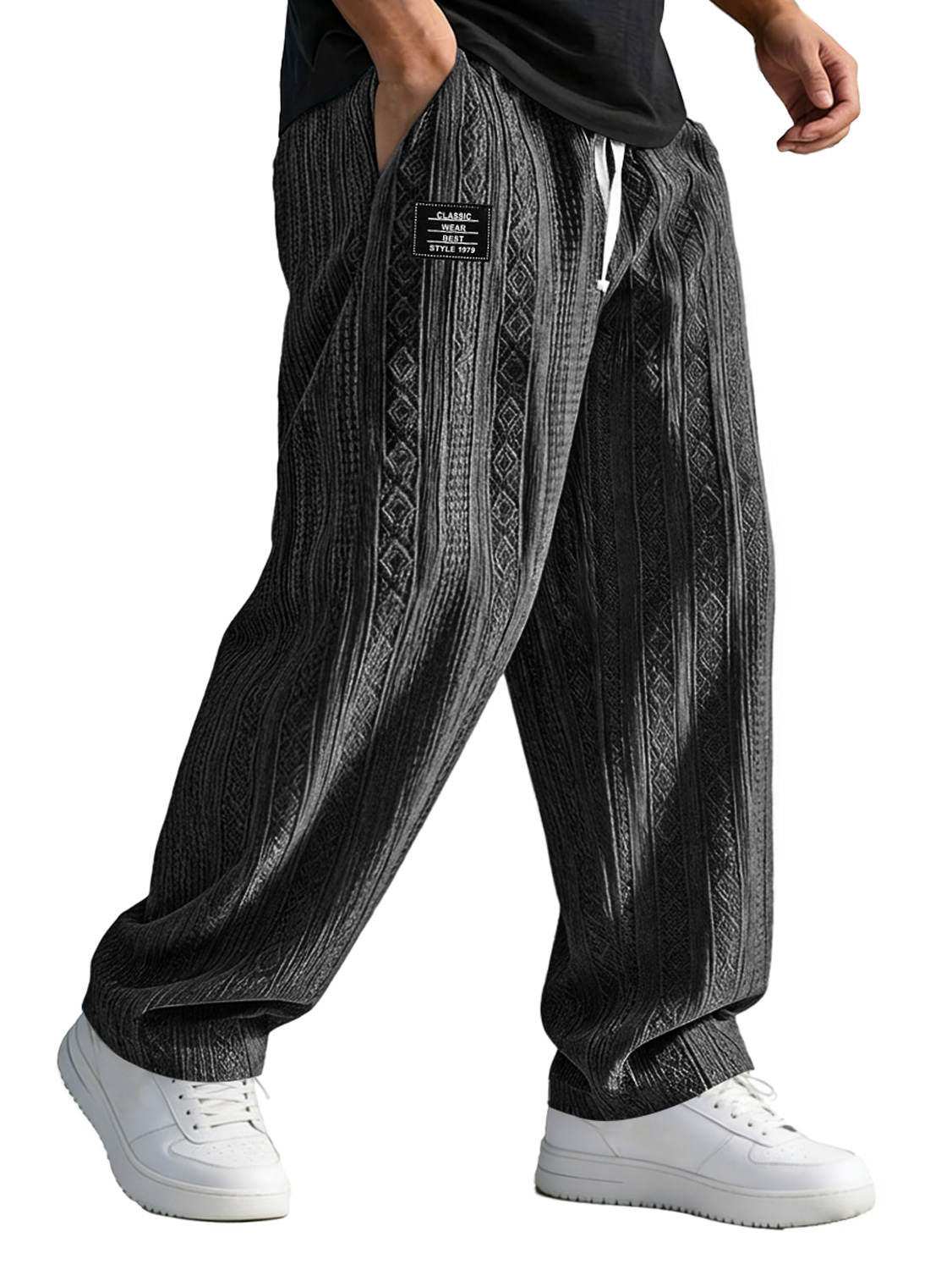 Men's Casual Jacquard Elastic Waist Loose-fitting Trousers With Embroidered Logo