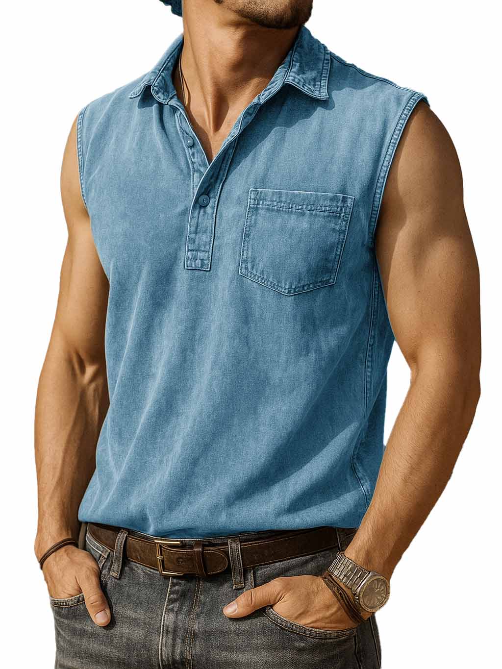 Men's Fashion Retro Distressed Pocket Lapel Sleeveless Polo Shirt 