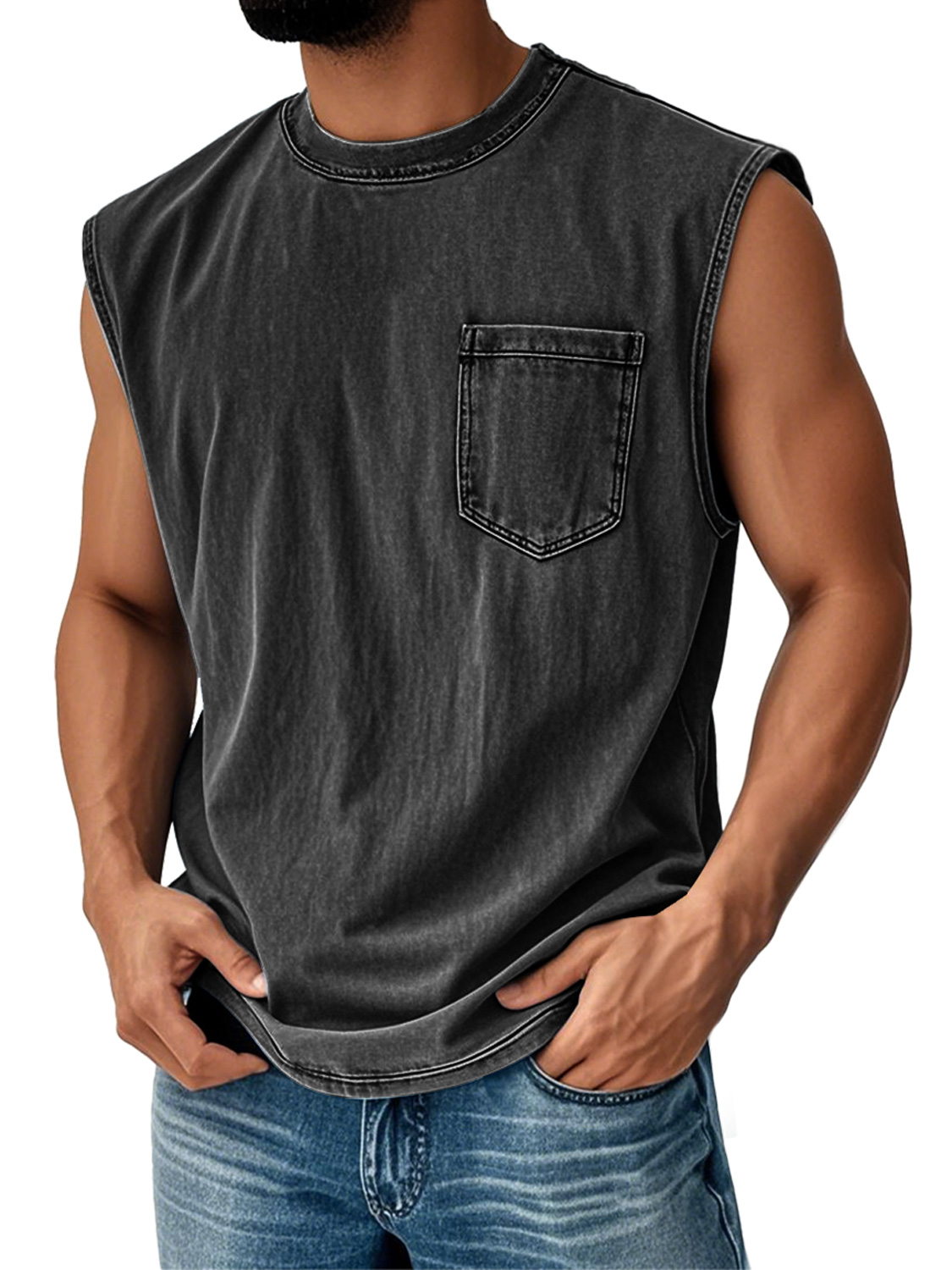 Men's Vintage Distressed Casual Round Neck Pocket Solid Color Sleeveless Vest