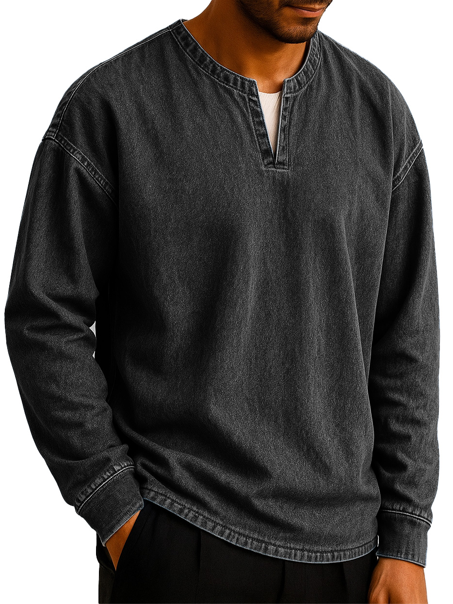  Men's Stylish Casual Outdoor V-neck Distressed Loose-fitting Long-sleeved T-shirt 