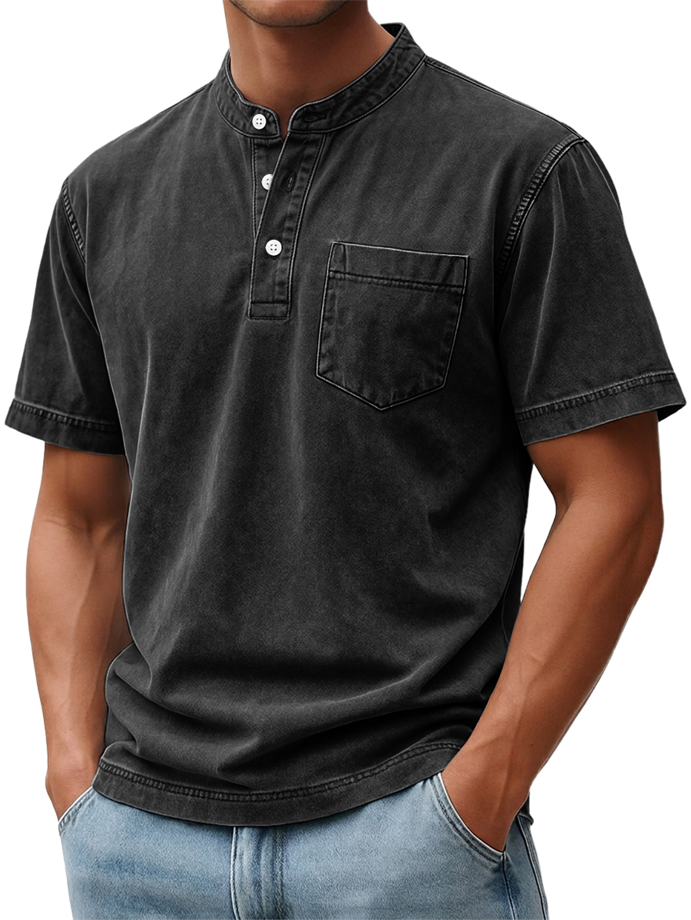 Men's Retro Casual Stand Collar Button-Down Short Sleeve Henley Shirt