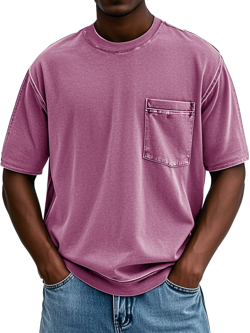 Men's Fashion Retro Distressed Round Neck Pocket Short-sleeved T-shirt