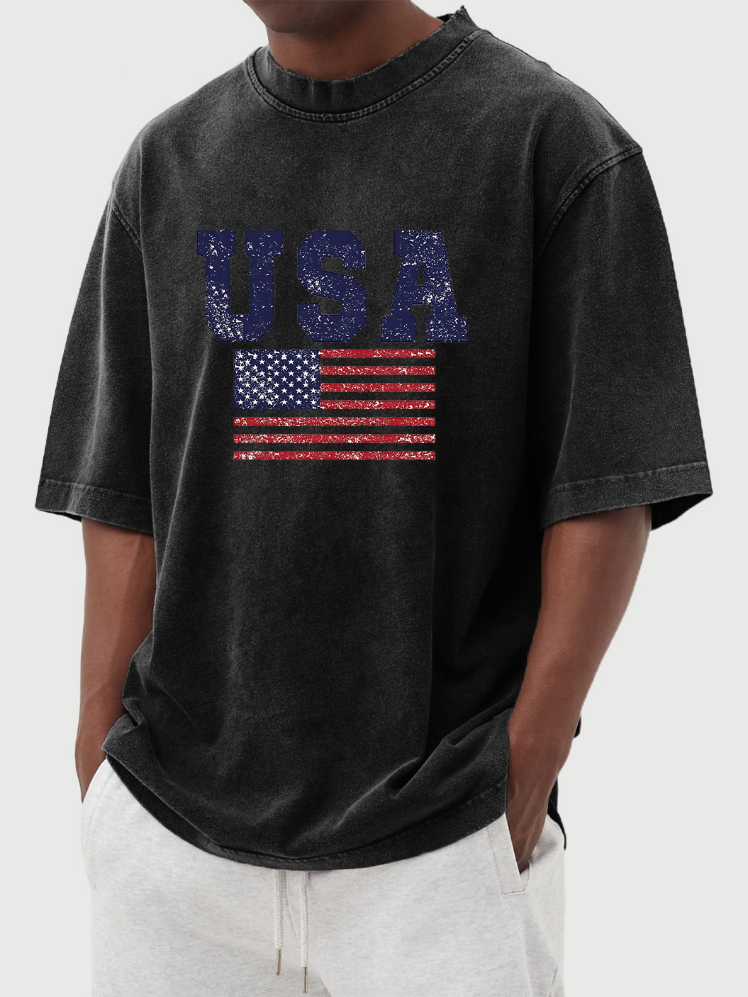 Men's vintage washed USA flag printed short sleeve T-shirt