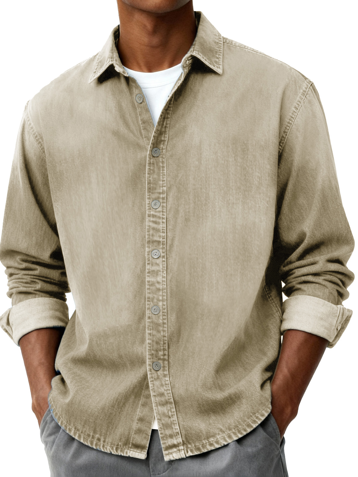 Men's Fashion Retro Distressed Pocket Collar Long-Sleeve Shirt