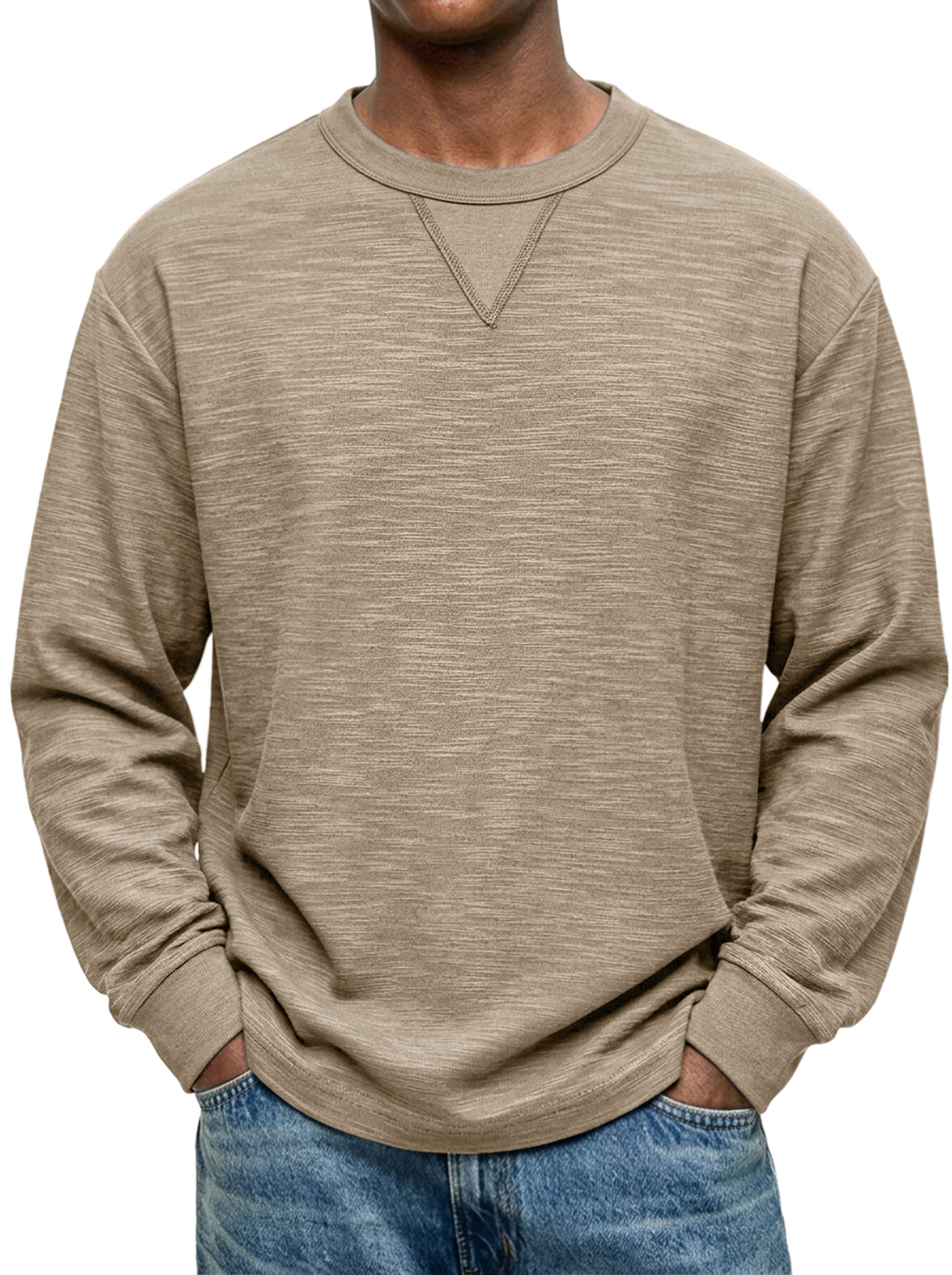 Men's Textured Long-Sleeve Crew-Neck T-Shirt with Inverted-Triangle Design
