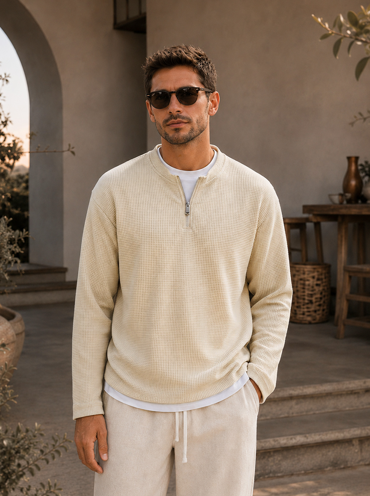 Men's Waffle-Knit Long-Sleeve Casual T-Shirt with Faux-Layered Design, Crew Neck, and Zipper Detail