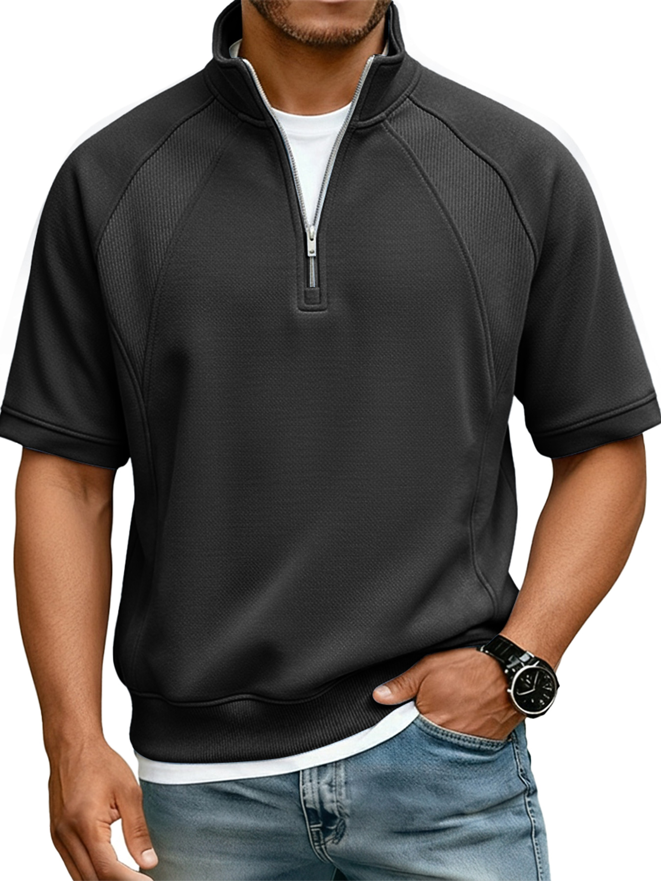 Men's Casual Deconstructed Design Stand Collar Zipper Short Sleeve T-Shirt