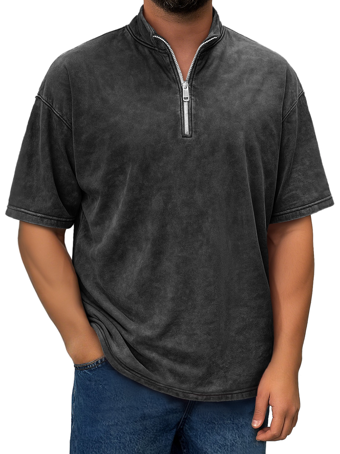 Men's Retro Stand Collar Zipper Casual Short Sleeve T-shirt