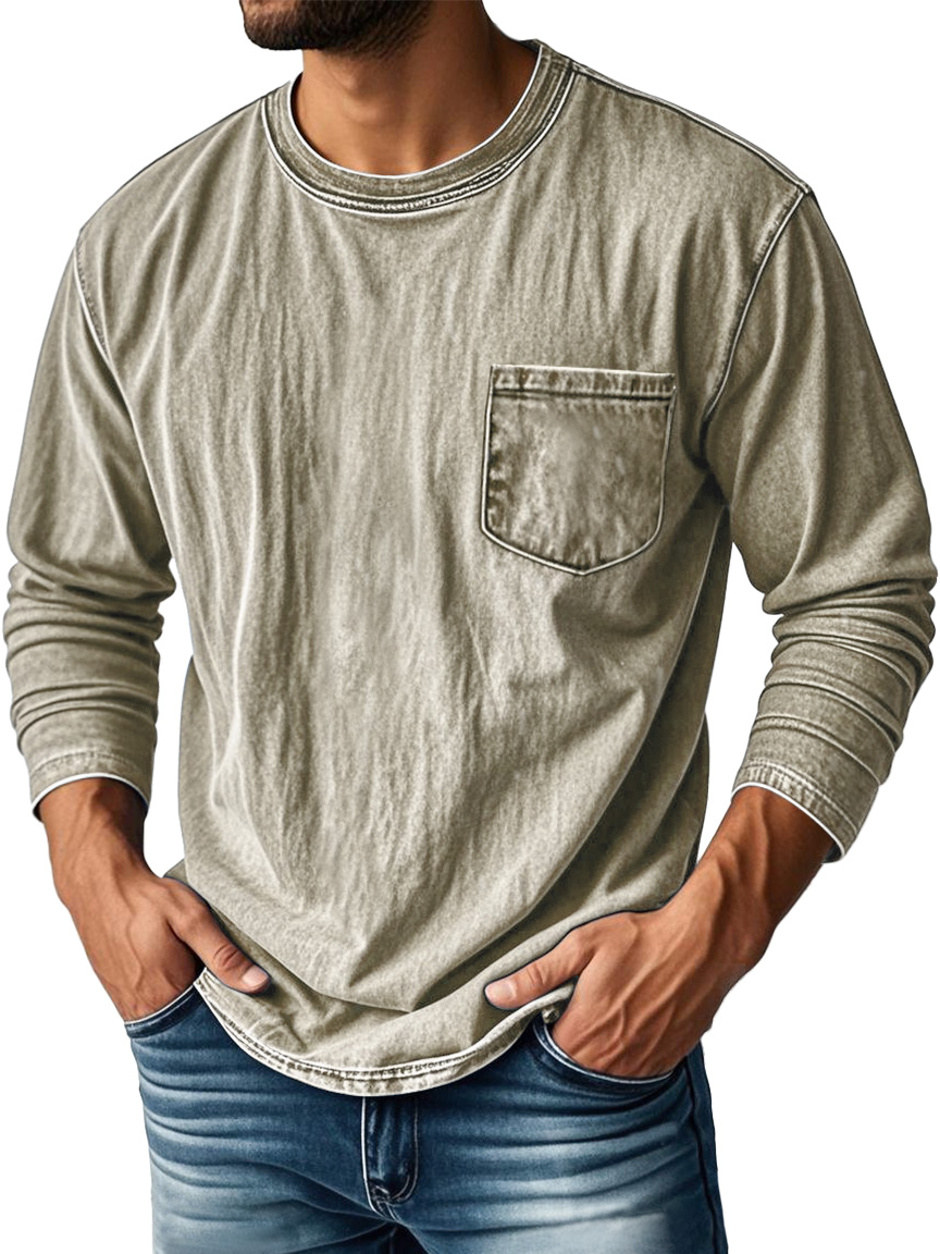 Men's Vintage Distressed Round Neck Pocket Casual Long-sleeved T-shirt