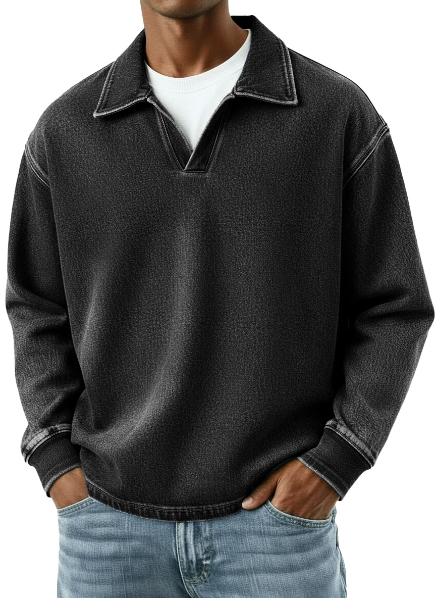 Men's Distressed Retro Fashion Lapel V-Neck Long-Sleeve Polo Shirt