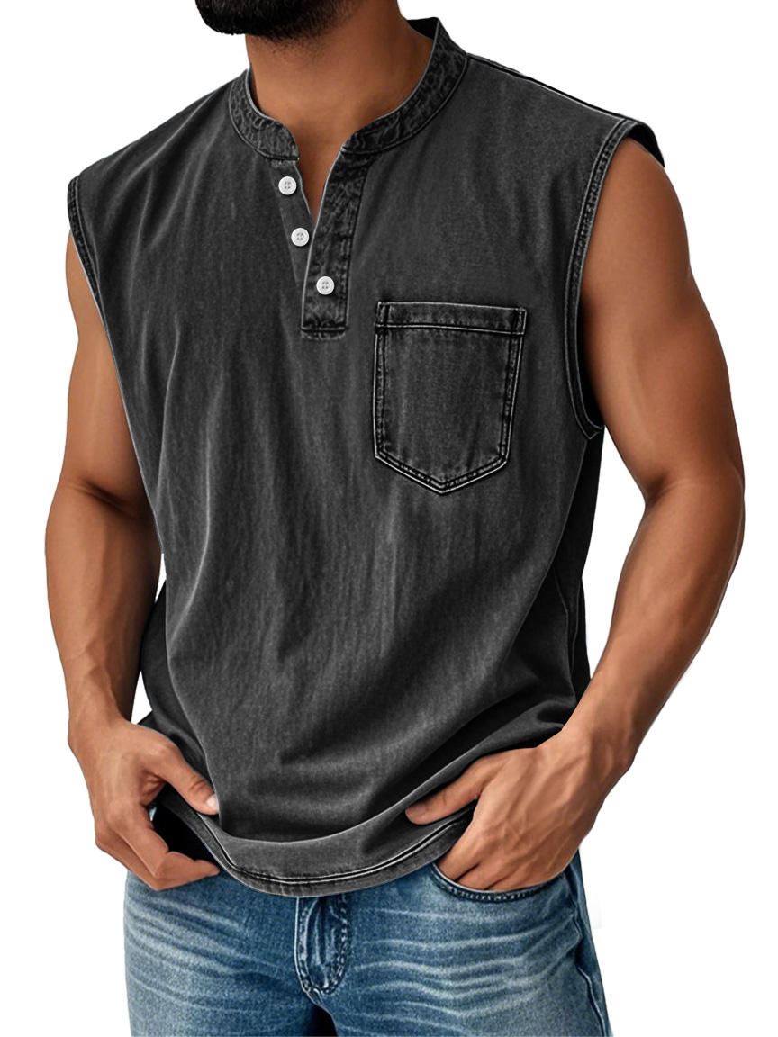 Men's Vintage Stand Collar Casual Pocket Solid Color Sleeveless Henley Vest
