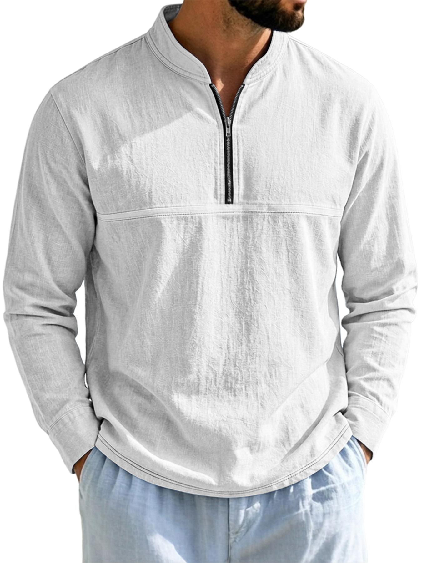Men's Linen Stand-Collar Zip-Front Casual Long-Sleeve T-Shirt